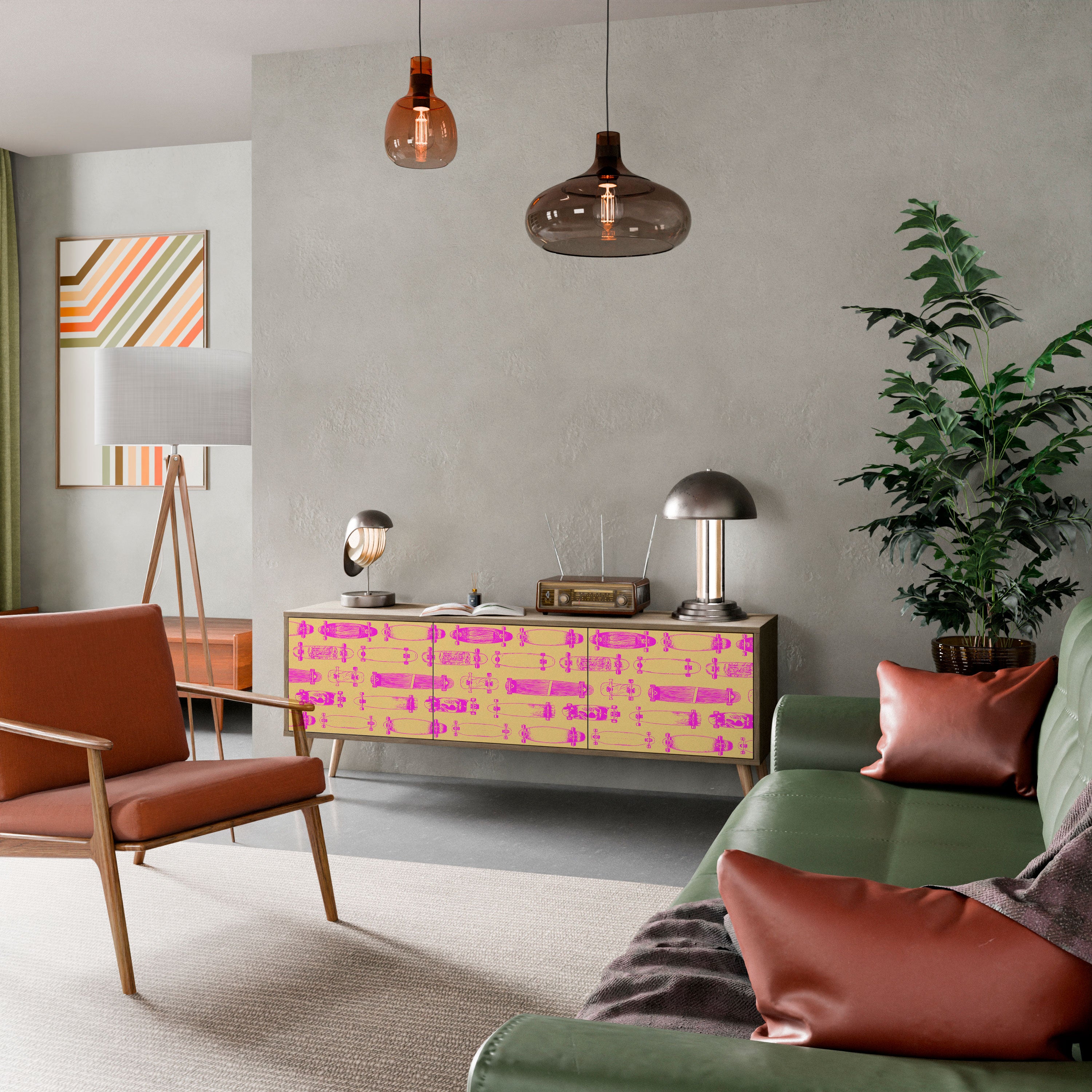 Mueble de TV de 3 puertas SKATEBOARD ARTISTRY con efecto roble