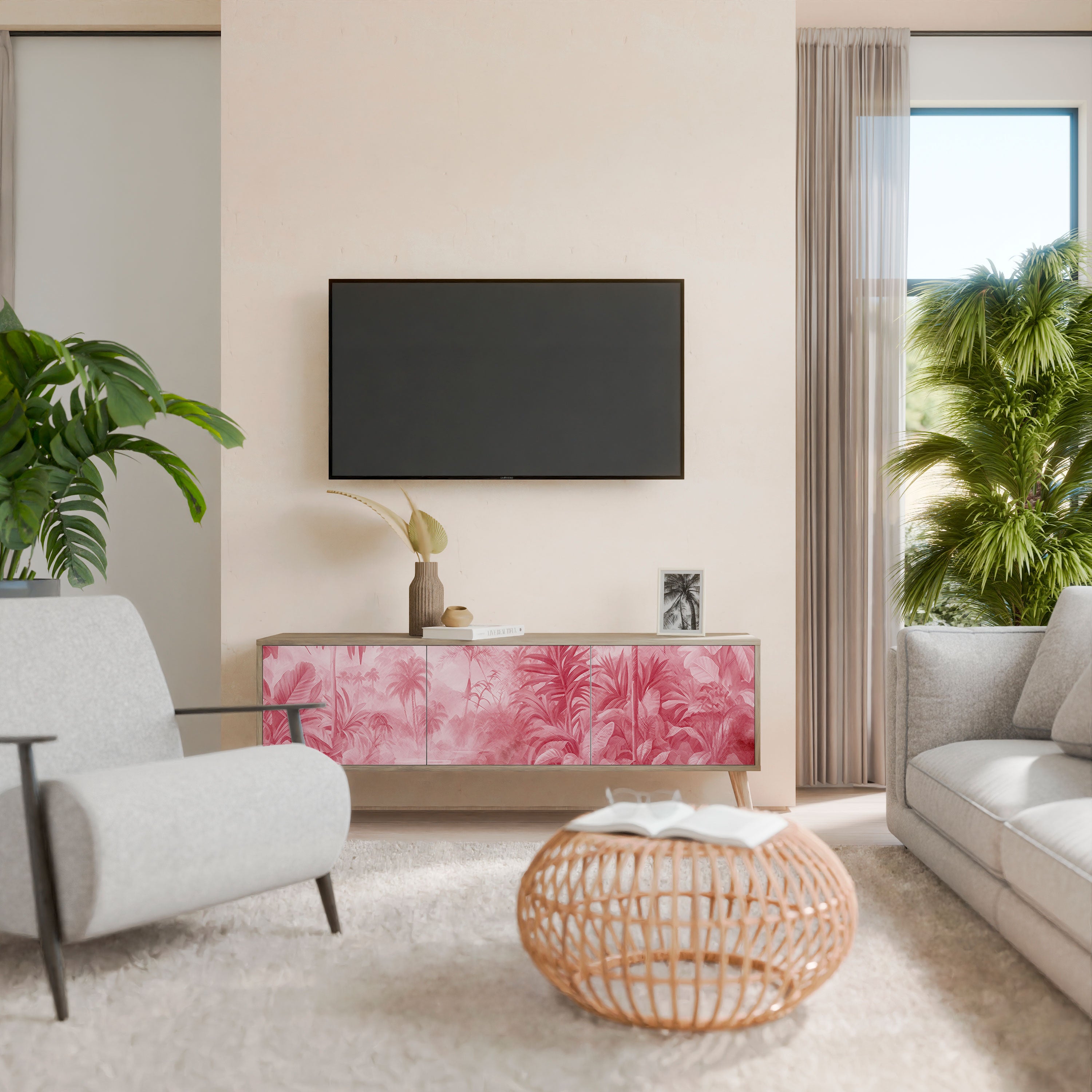SWEET TROPICS Mueble de TV de 3 puertas con efecto roble