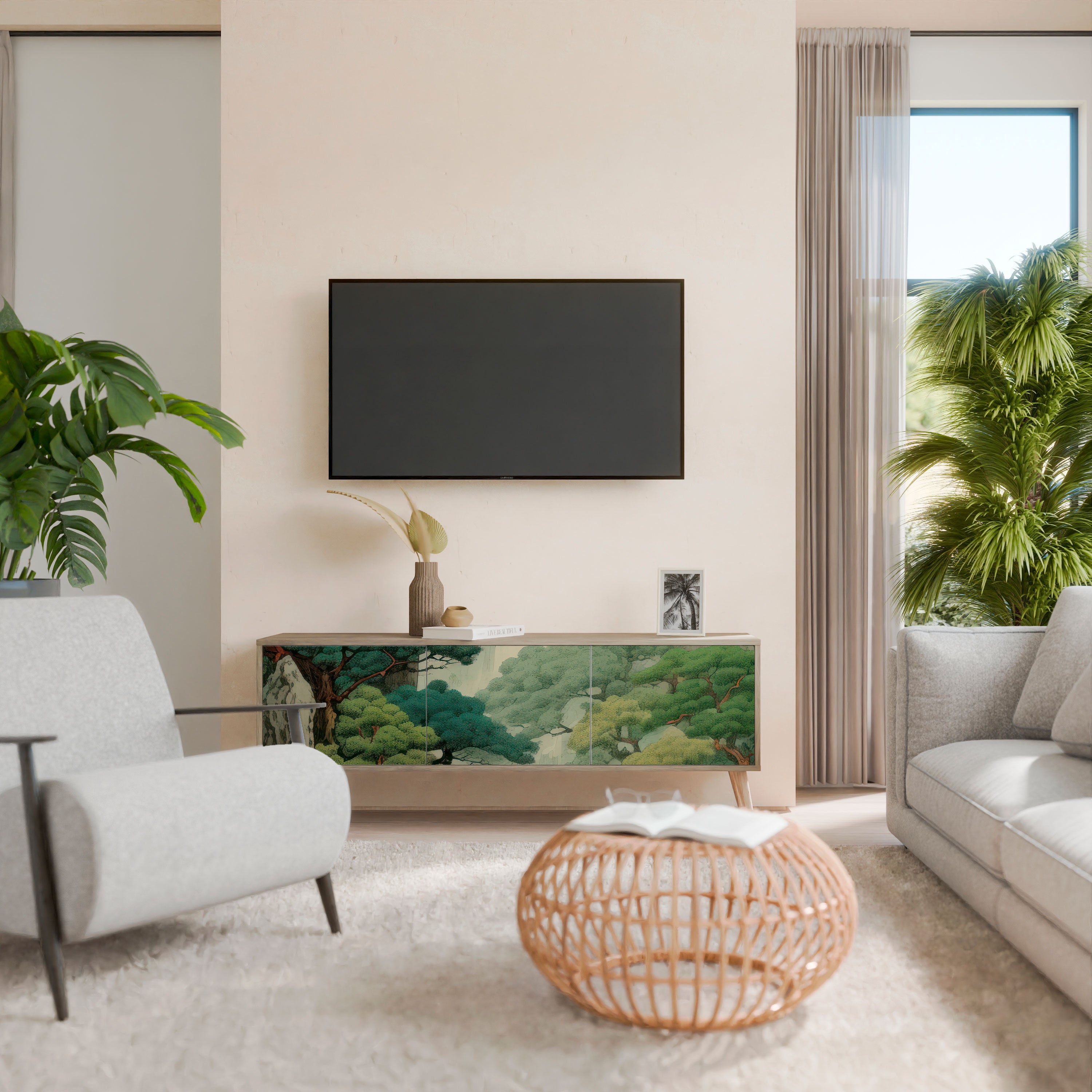 Mueble de TV de 3 puertas VERDURE ABYSS con efecto roble