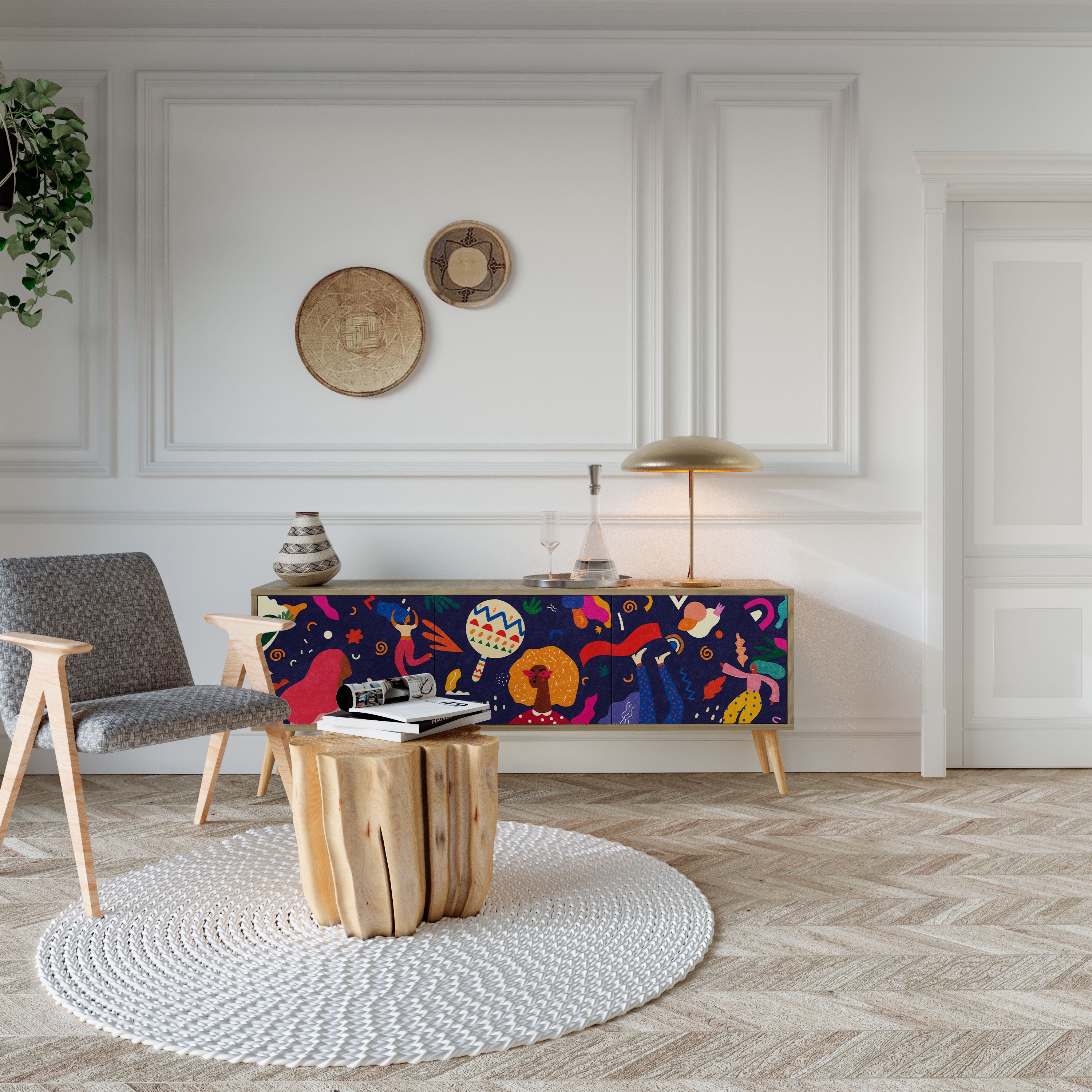 PLACERES FESTIVOS Mueble de TV de 3 puertas con efecto roble