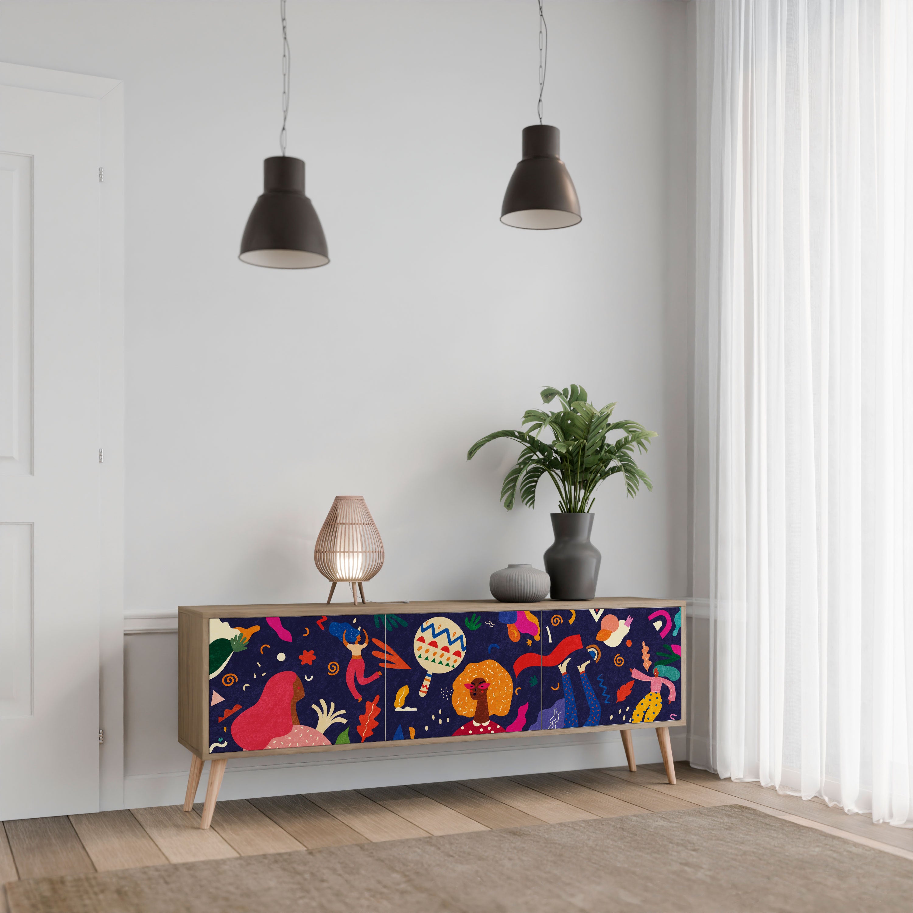 PLACERES FESTIVOS Mueble de TV de 3 puertas con efecto roble