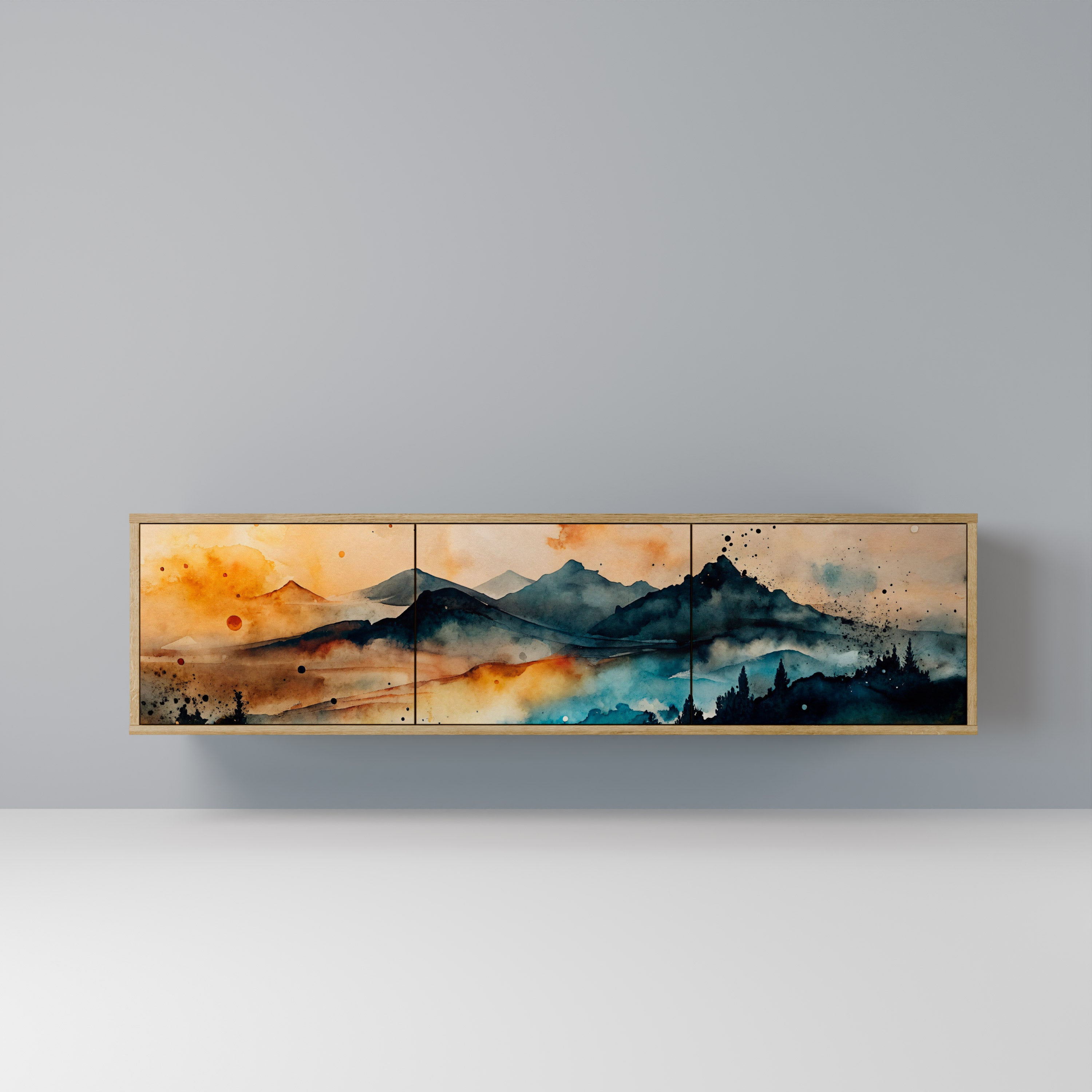 Mueble de TV de 3 puertas OMINOUS MOUNTAINS con efecto roble