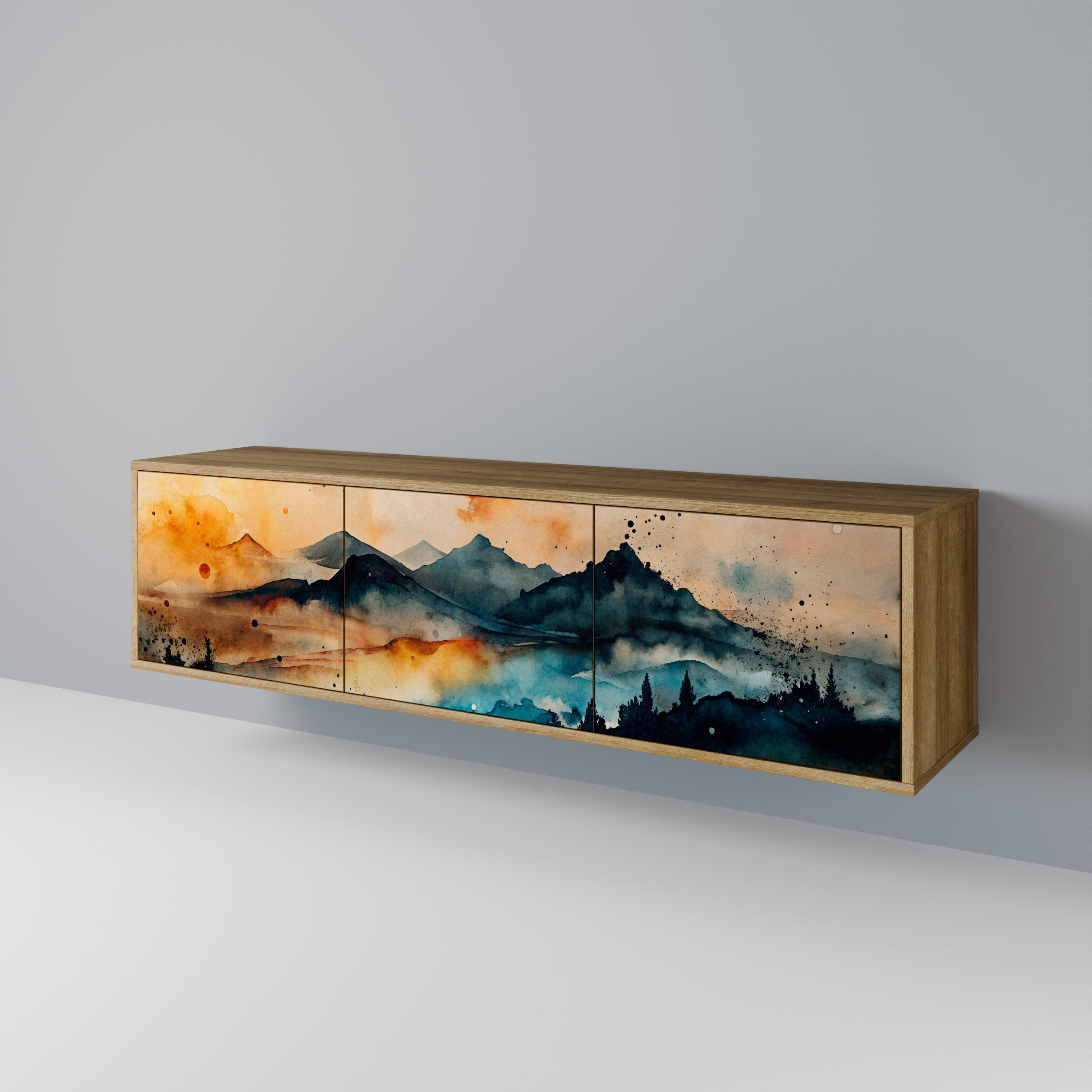 Mueble de TV de 3 puertas OMINOUS MOUNTAINS con efecto roble