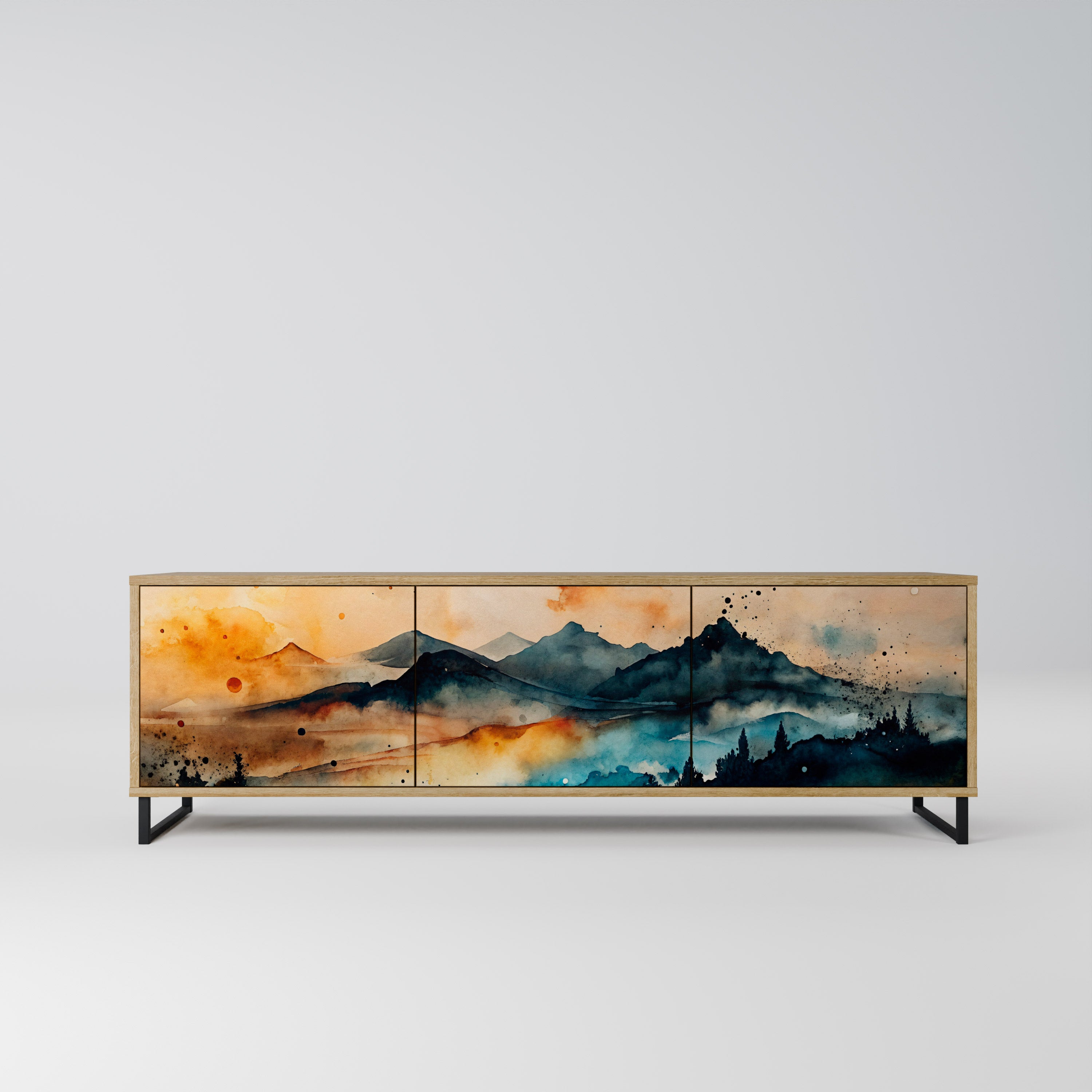 Mueble de TV de 3 puertas OMINOUS MOUNTAINS con efecto roble