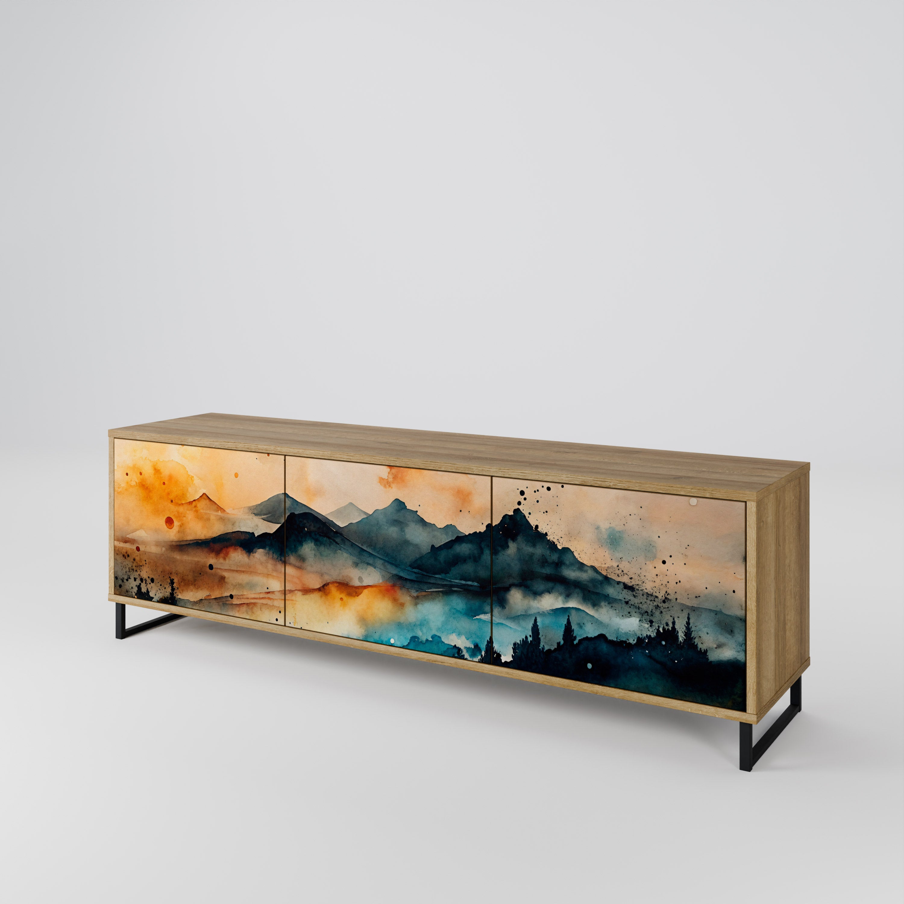 Mueble de TV de 3 puertas OMINOUS MOUNTAINS con efecto roble