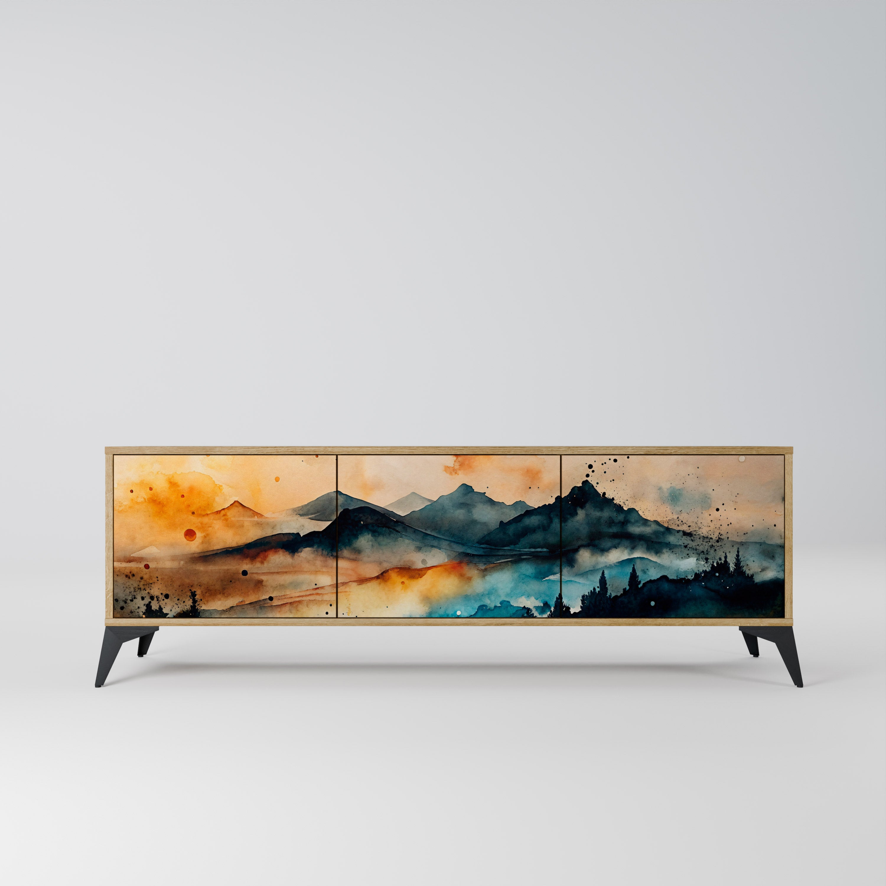 Mueble de TV de 3 puertas OMINOUS MOUNTAINS con efecto roble
