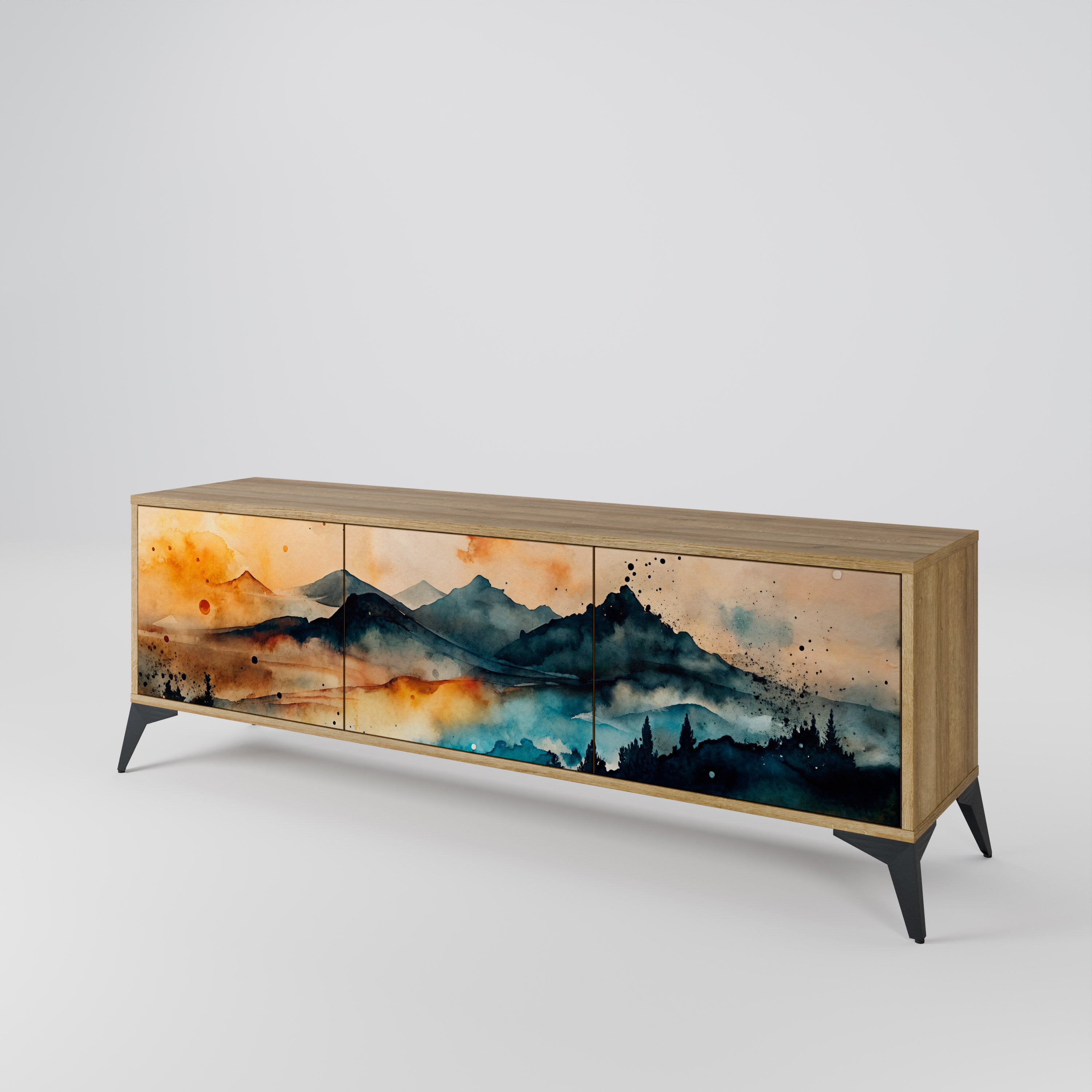 Mueble de TV de 3 puertas OMINOUS MOUNTAINS con efecto roble
