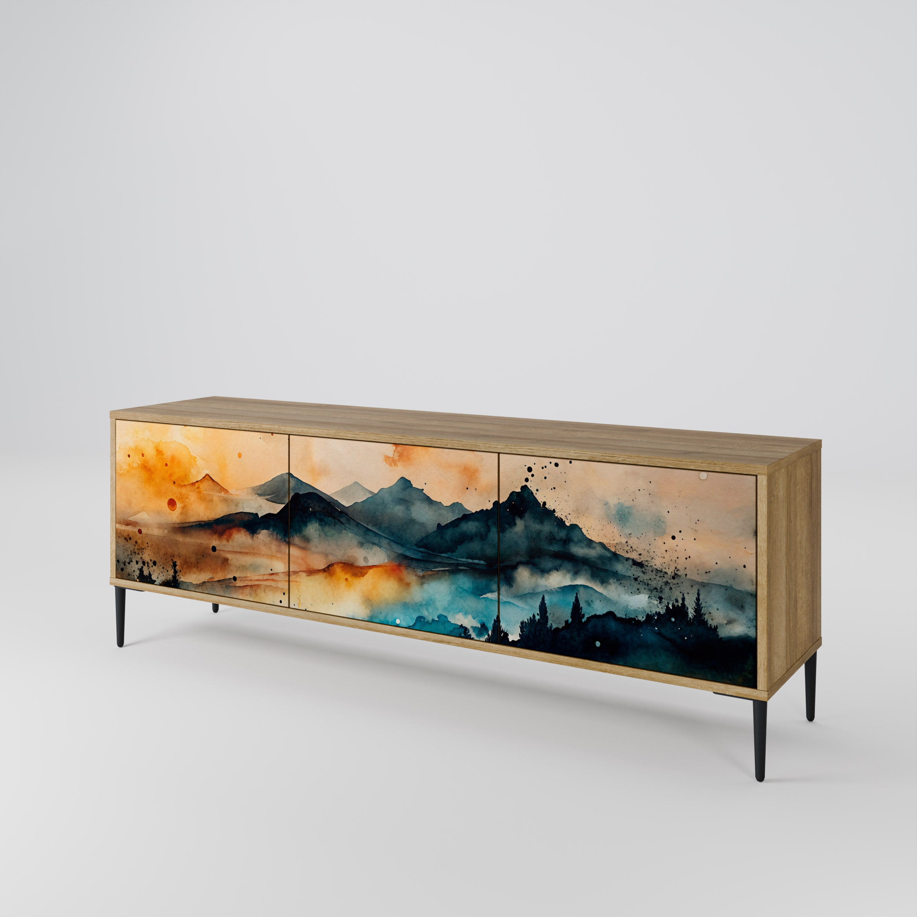 Mueble de TV de 3 puertas OMINOUS MOUNTAINS con efecto roble