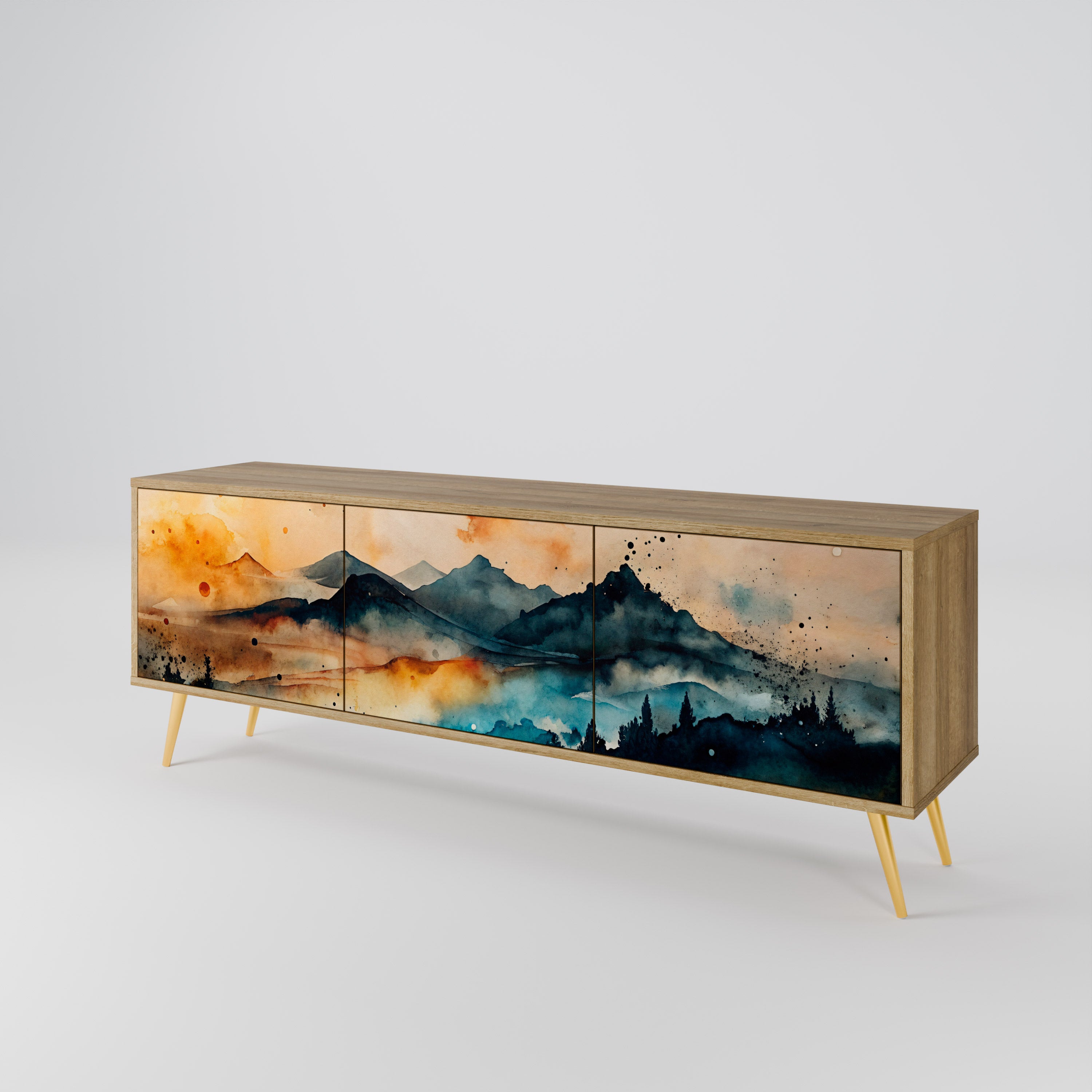 Mueble de TV de 3 puertas OMINOUS MOUNTAINS con efecto roble