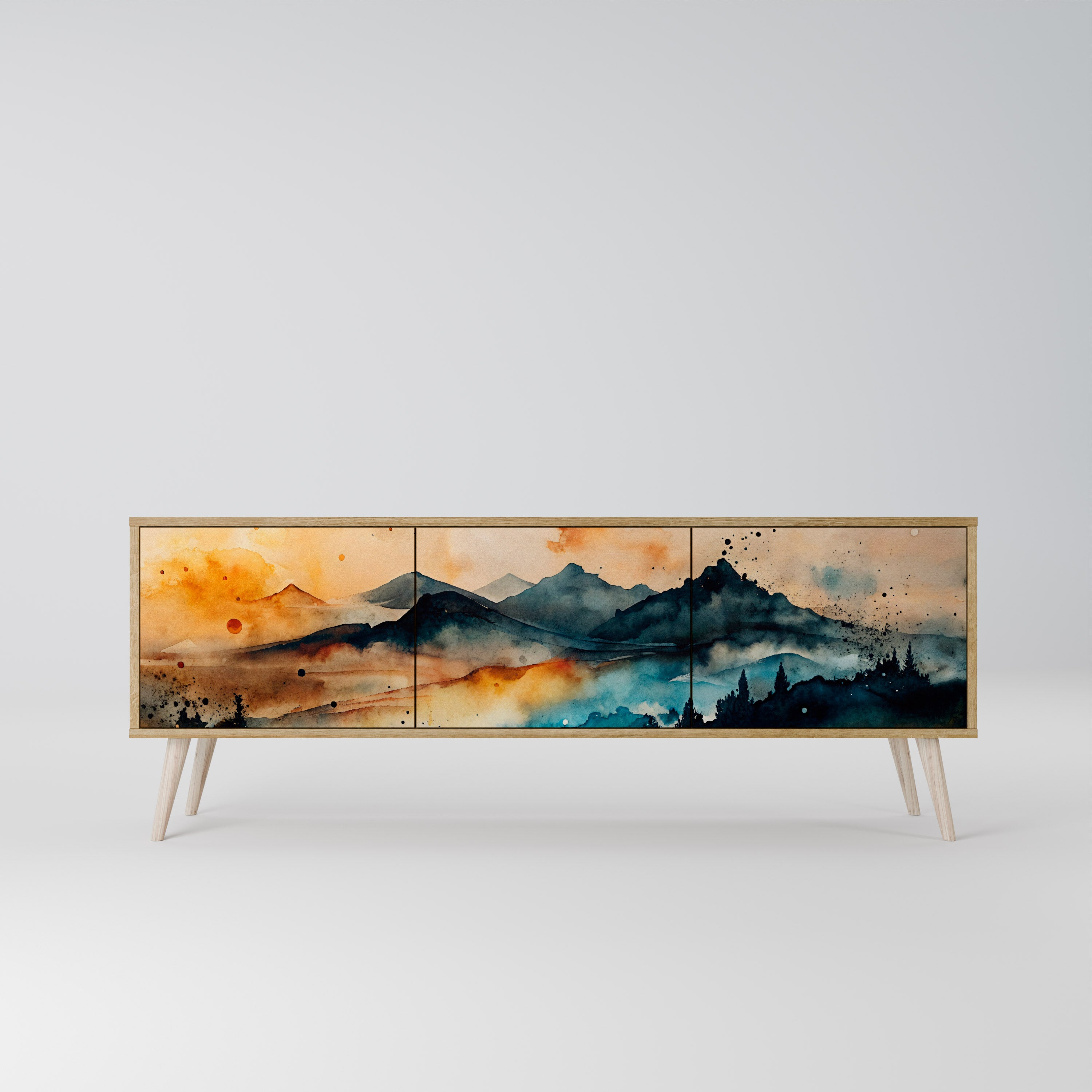 Mueble de TV de 3 puertas OMINOUS MOUNTAINS con efecto roble