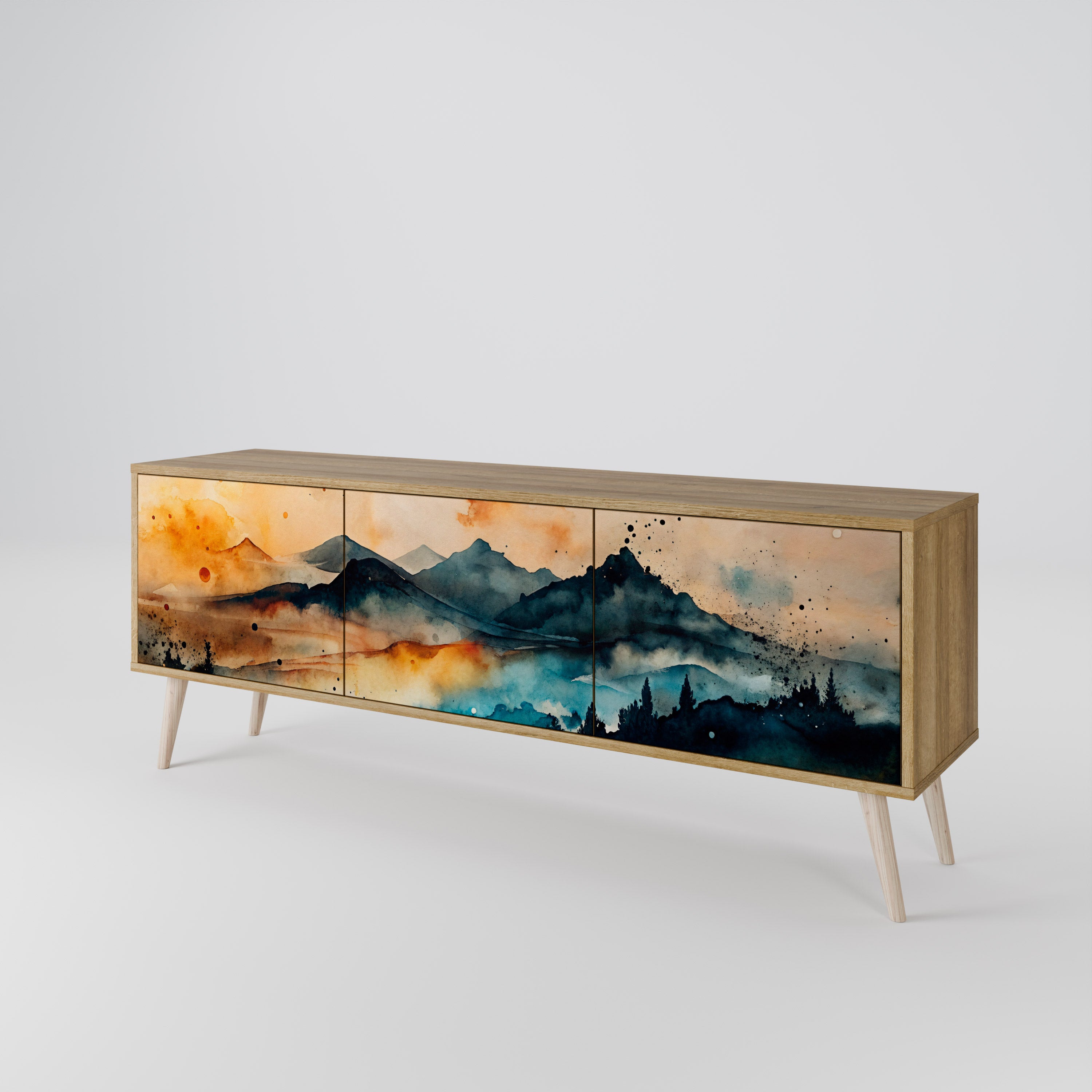 Mueble de TV de 3 puertas OMINOUS MOUNTAINS con efecto roble