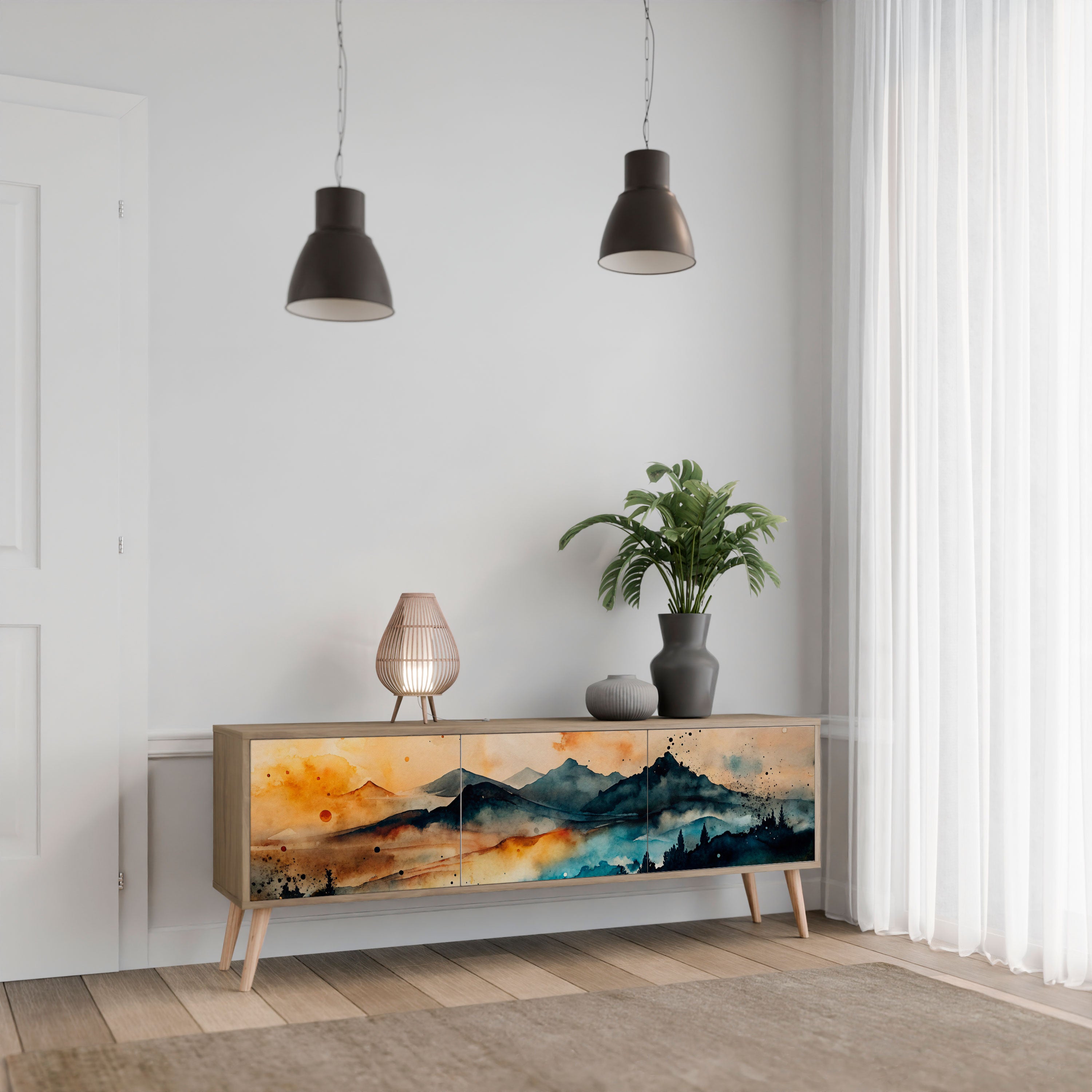 Mueble de TV de 3 puertas OMINOUS MOUNTAINS con efecto roble