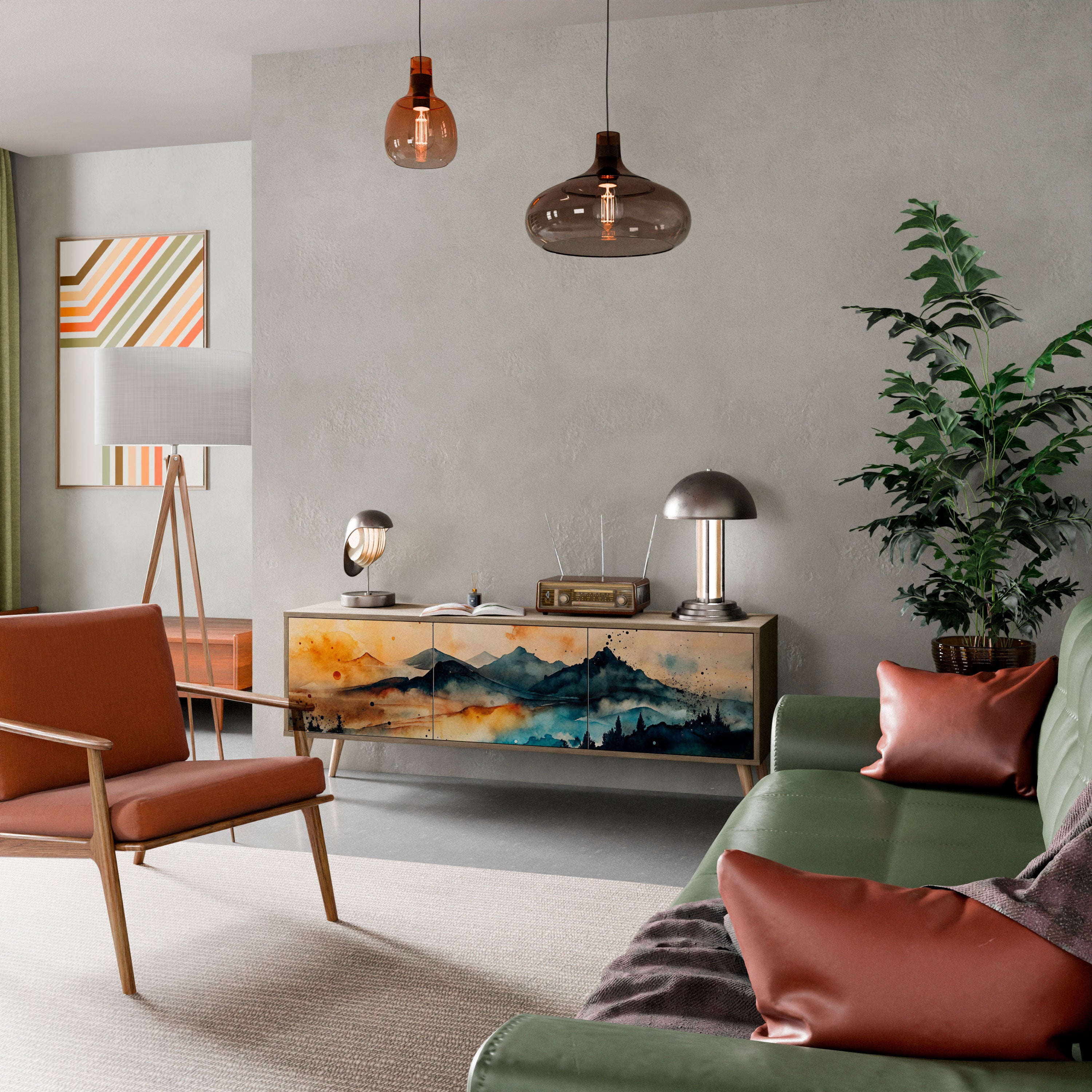 Mueble de TV de 3 puertas OMINOUS MOUNTAINS con efecto roble