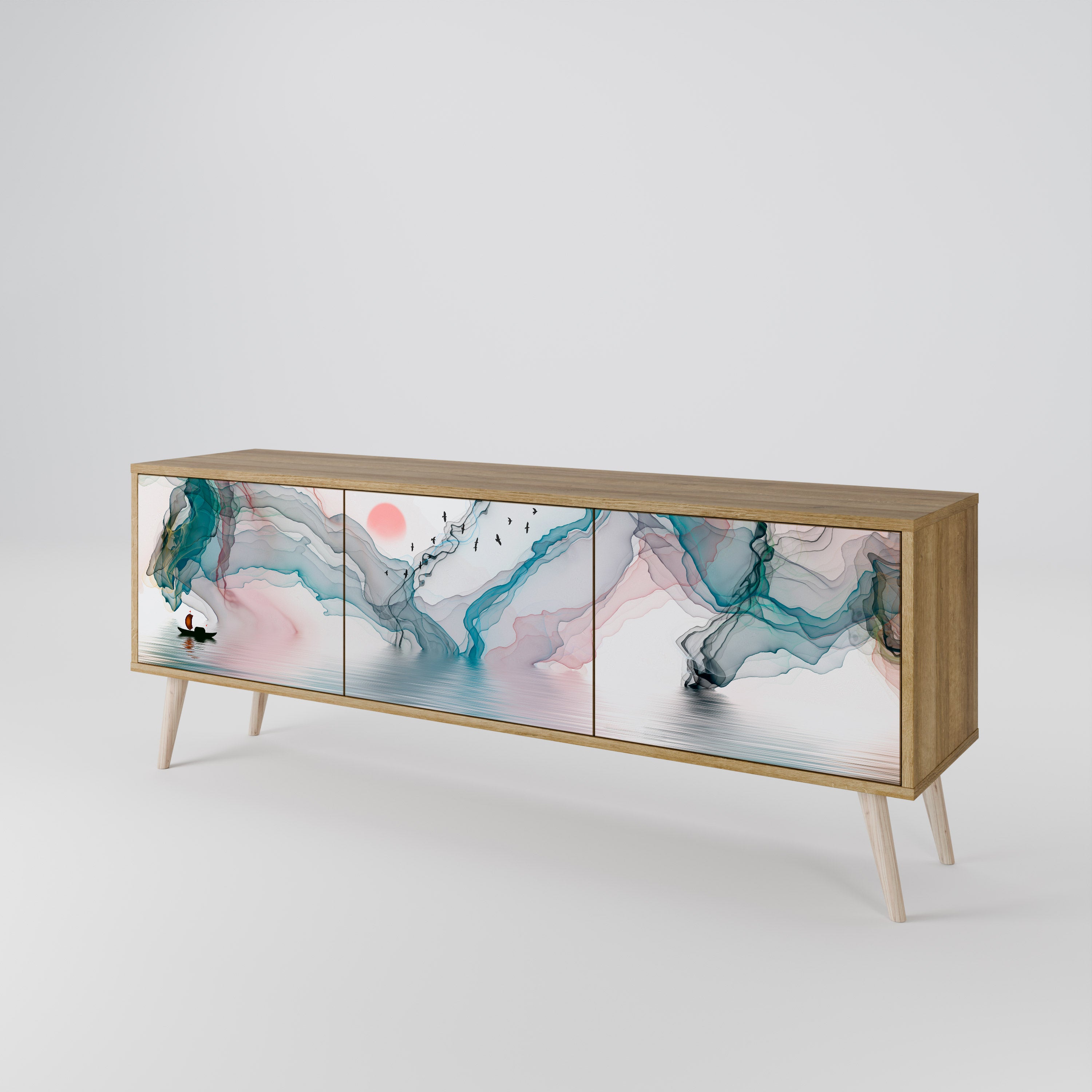 Mueble de TV de 3 puertas VELVET CROSSING con efecto roble