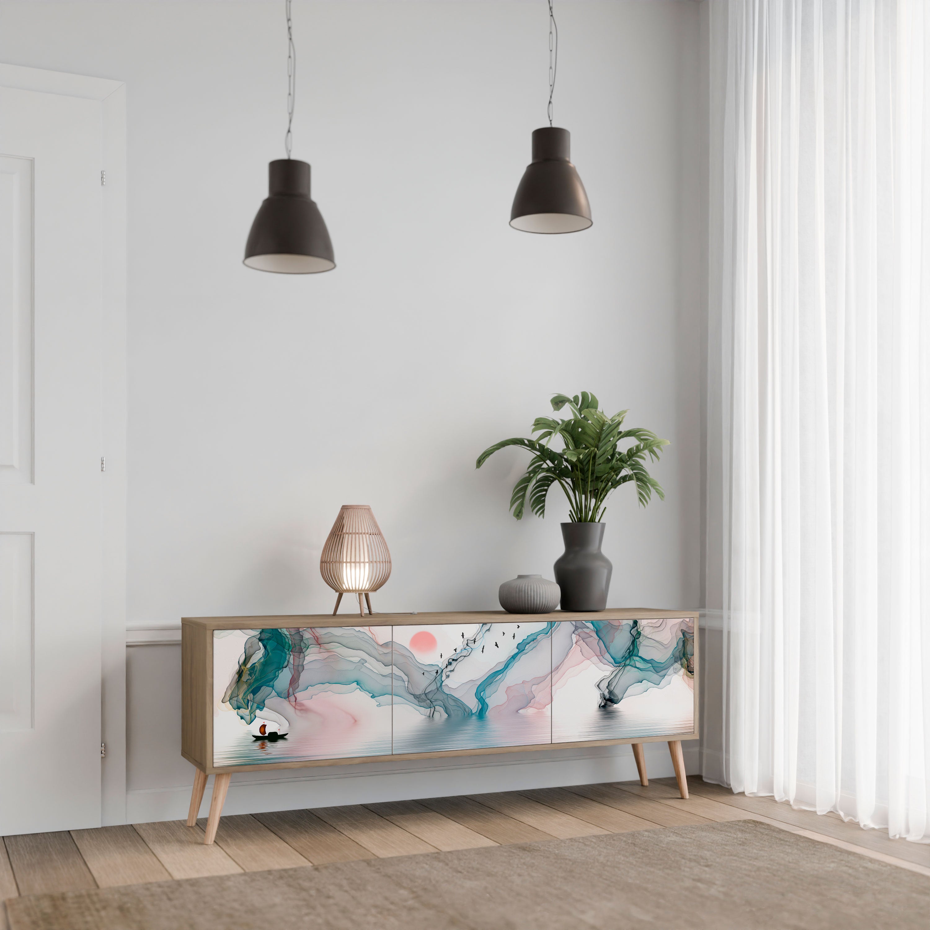 Mueble de TV de 3 puertas VELVET CROSSING con efecto roble