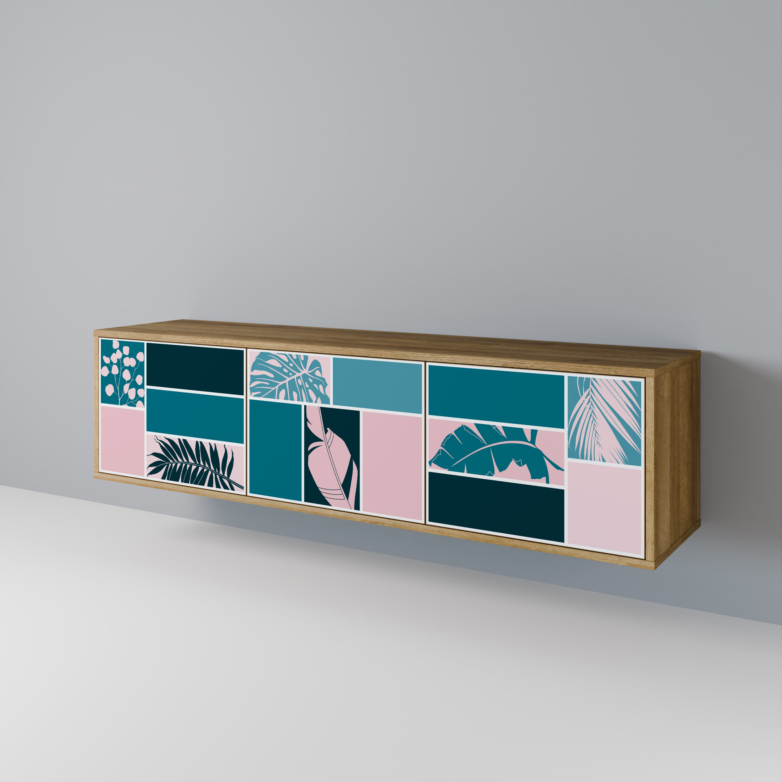 COMBINACIÓN DE FORMAS Mueble de TV de 3 puertas efecto roble