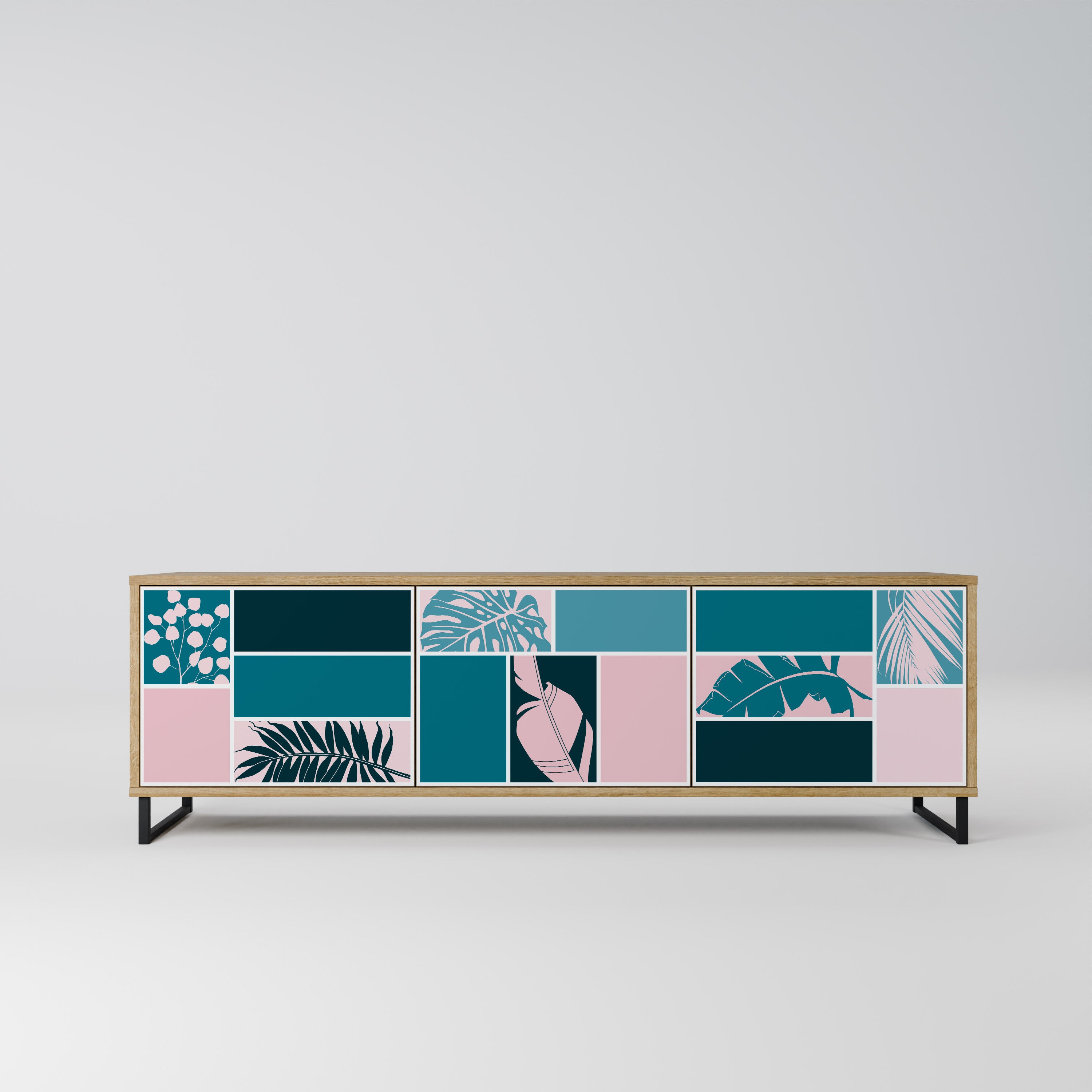COMBINACIÓN DE FORMAS Mueble de TV de 3 puertas efecto roble