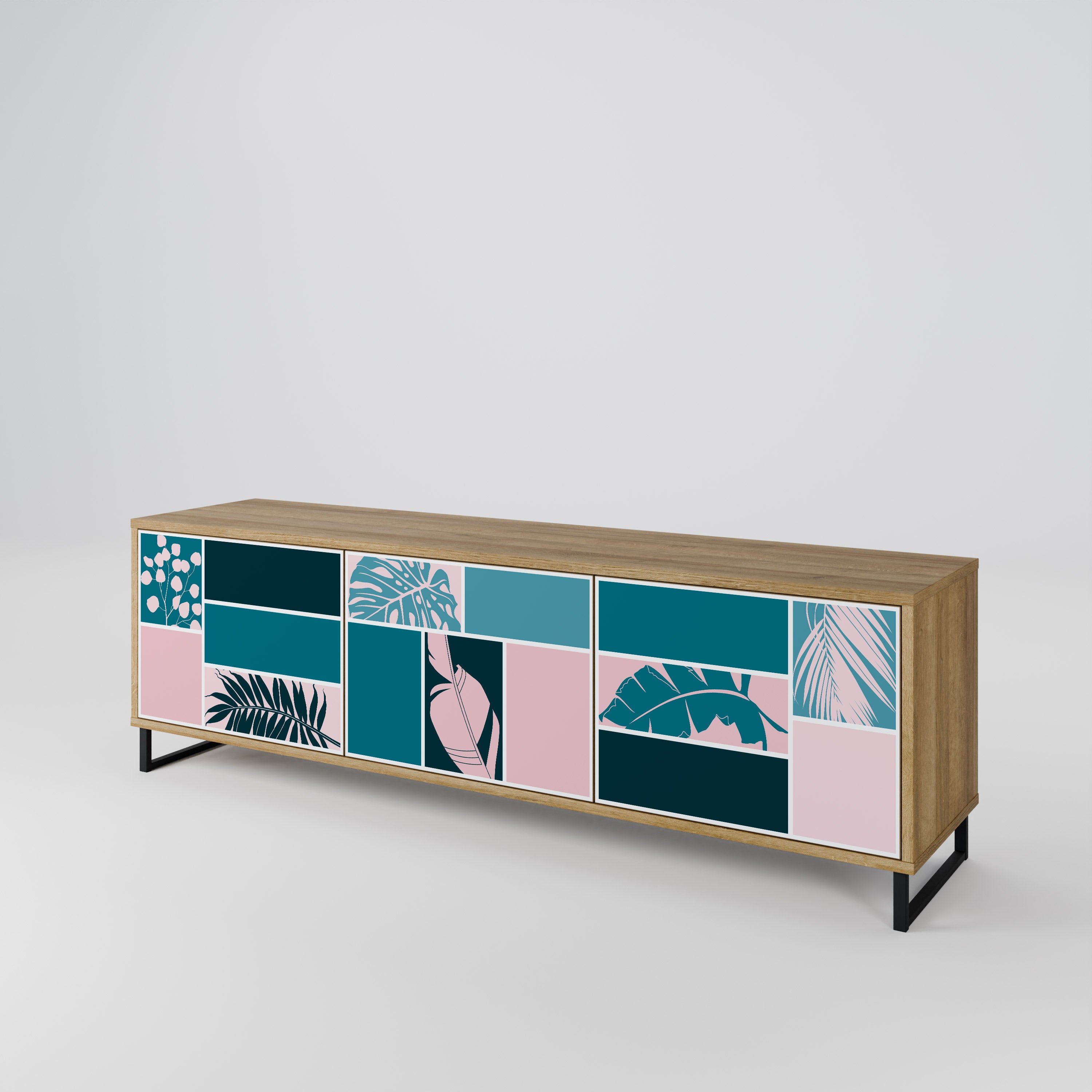COMBINACIÓN DE FORMAS Mueble de TV de 3 puertas efecto roble