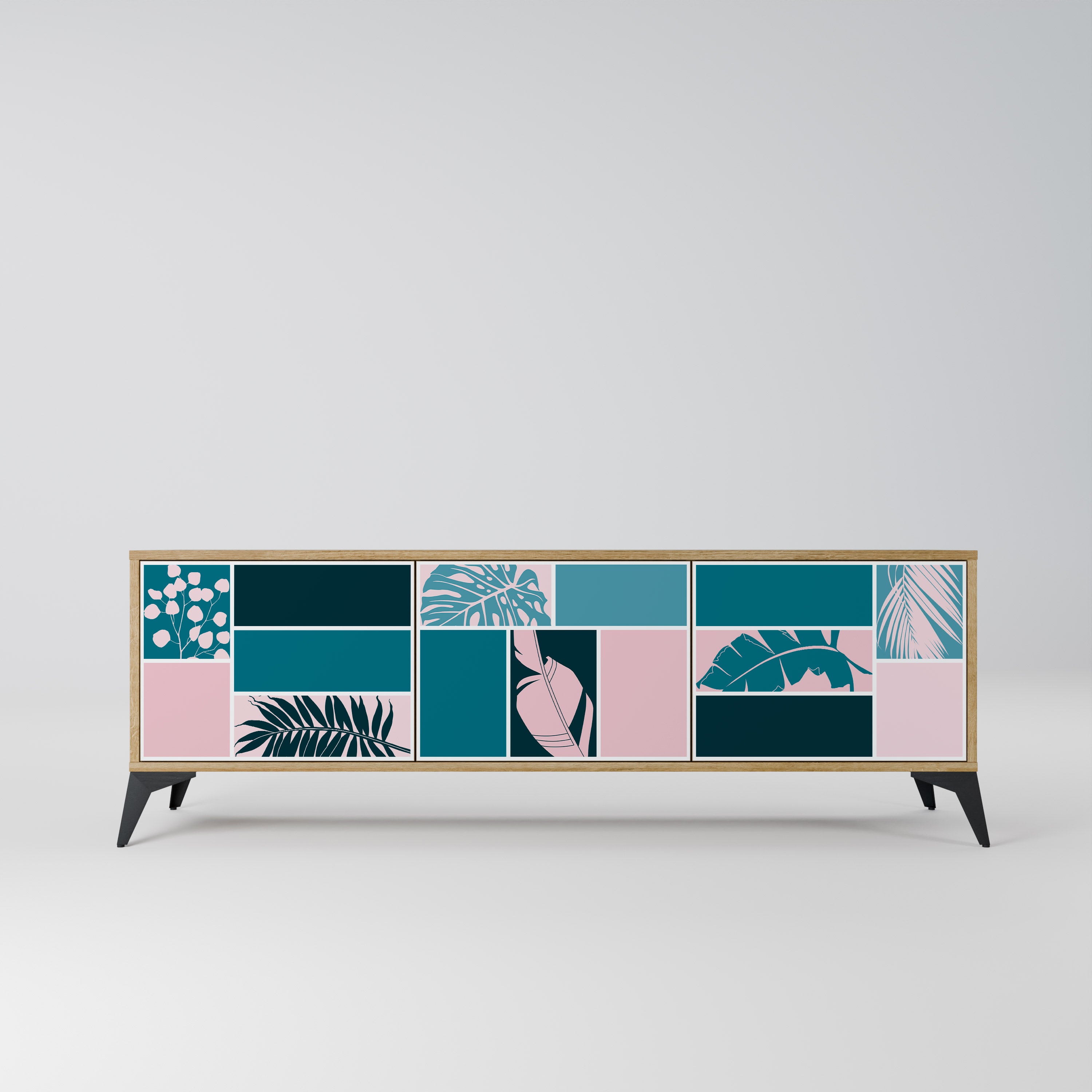 COMBINACIÓN DE FORMAS Mueble de TV de 3 puertas efecto roble