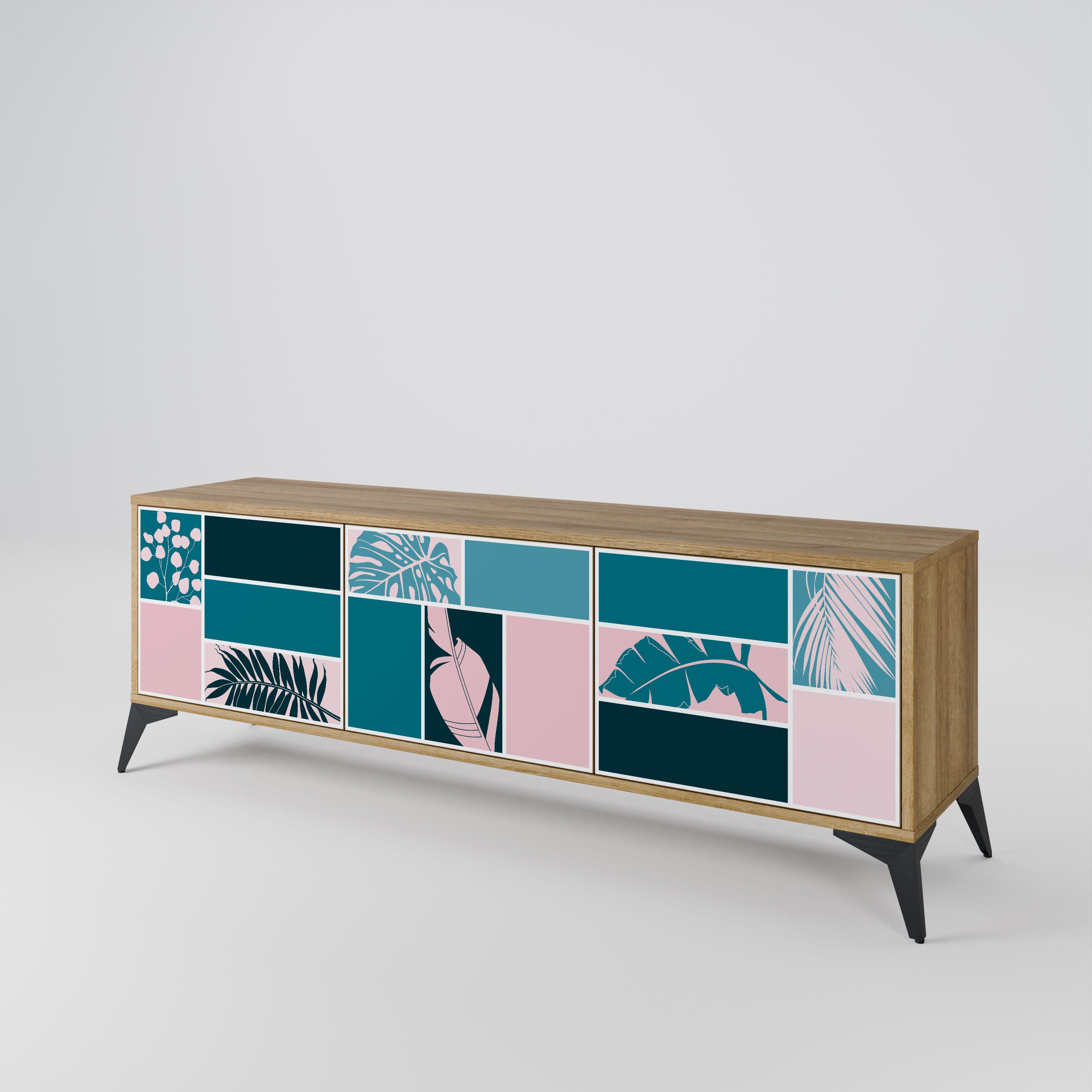 COMBINACIÓN DE FORMAS Mueble de TV de 3 puertas efecto roble