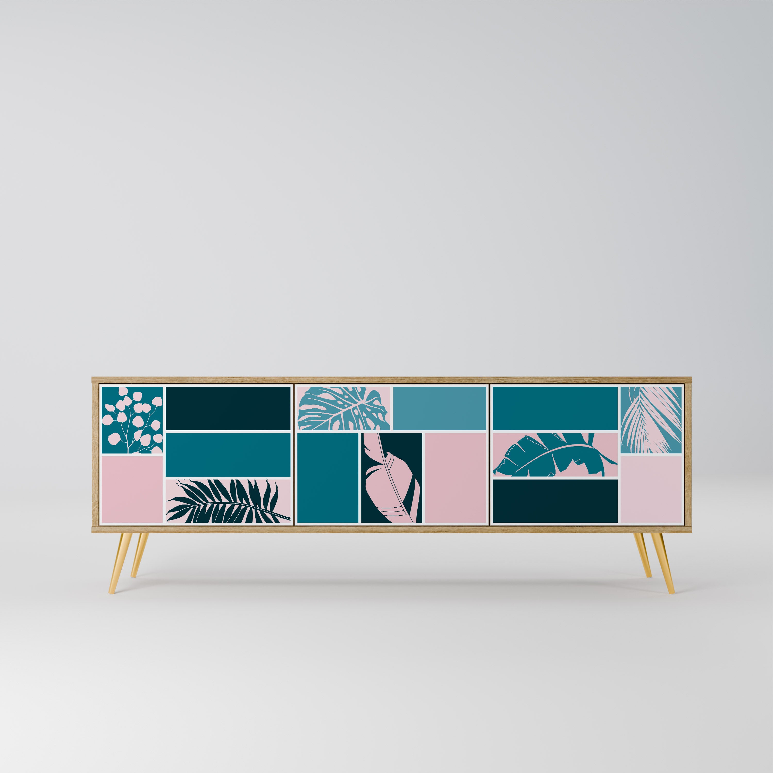 COMBINACIÓN DE FORMAS Mueble de TV de 3 puertas efecto roble