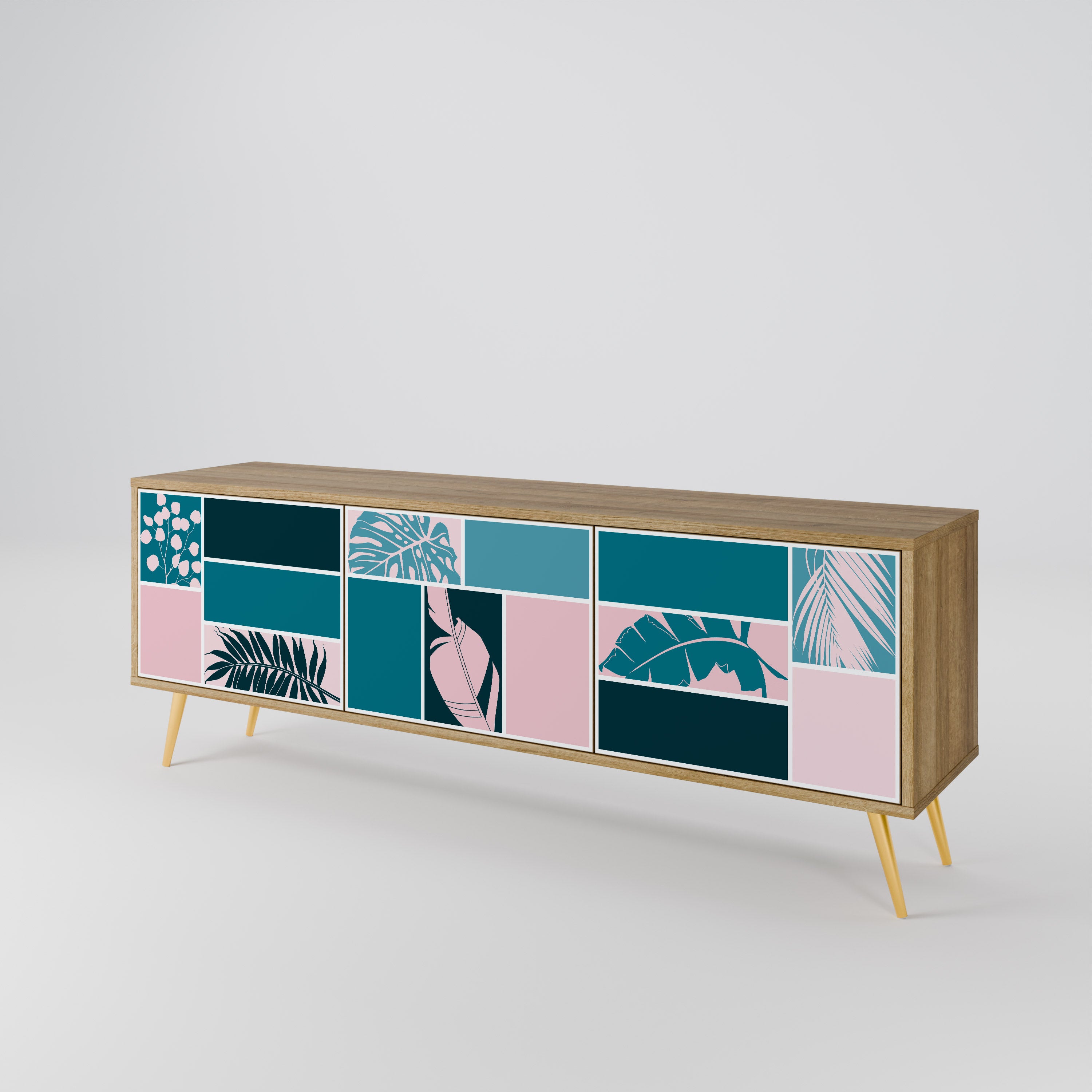 COMBINACIÓN DE FORMAS Mueble de TV de 3 puertas efecto roble