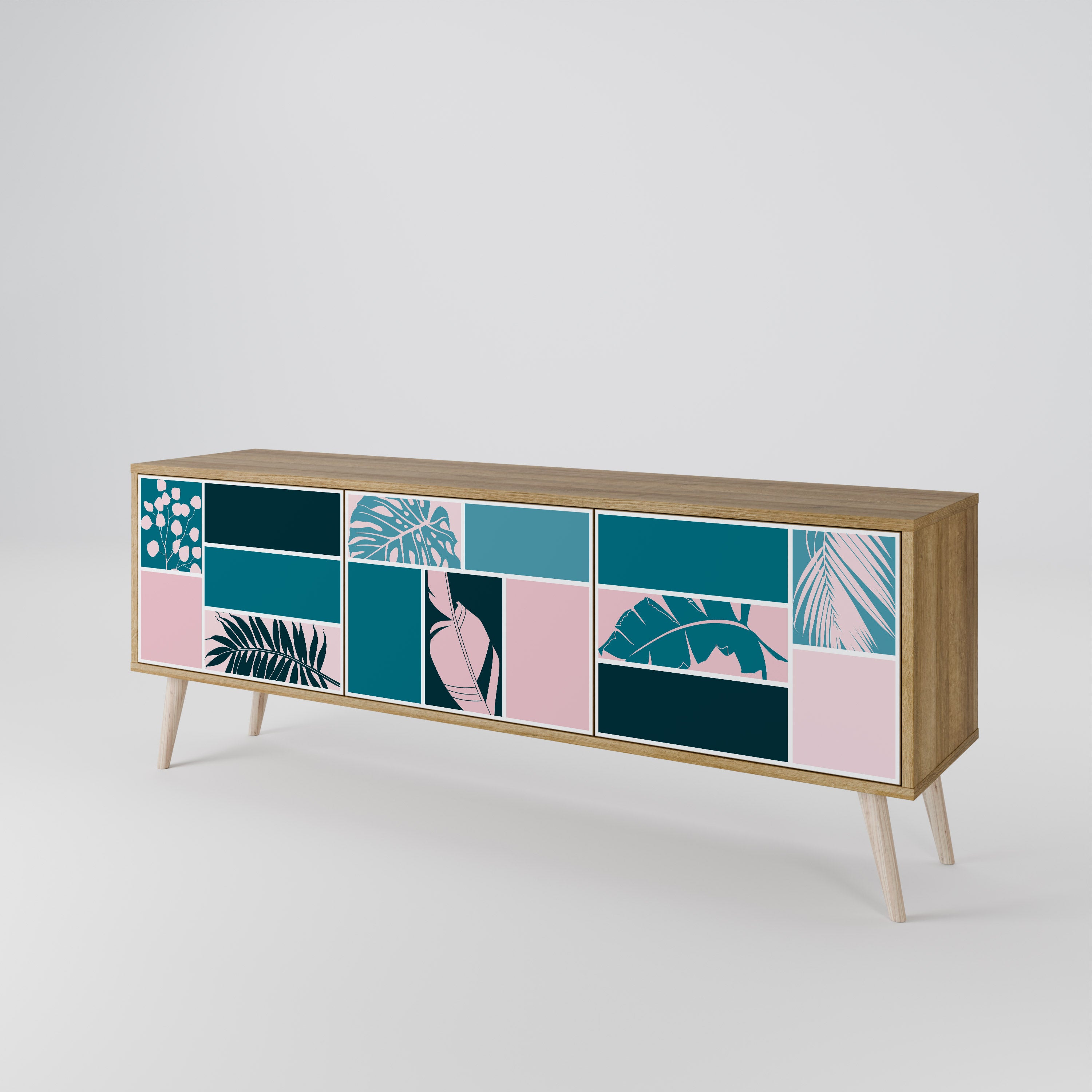 COMBINACIÓN DE FORMAS Mueble de TV de 3 puertas efecto roble