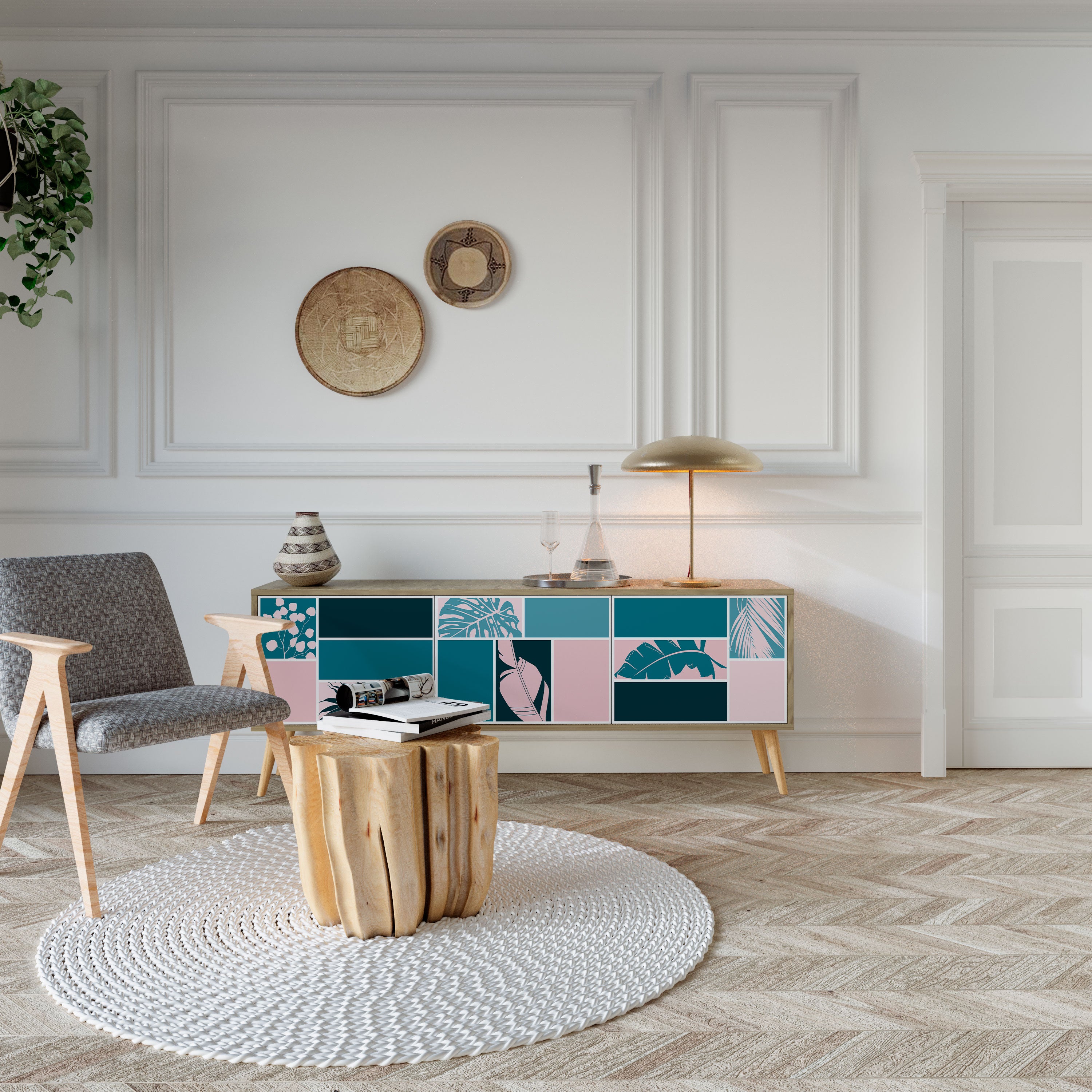 COMBINACIÓN DE FORMAS Mueble de TV de 3 puertas efecto roble