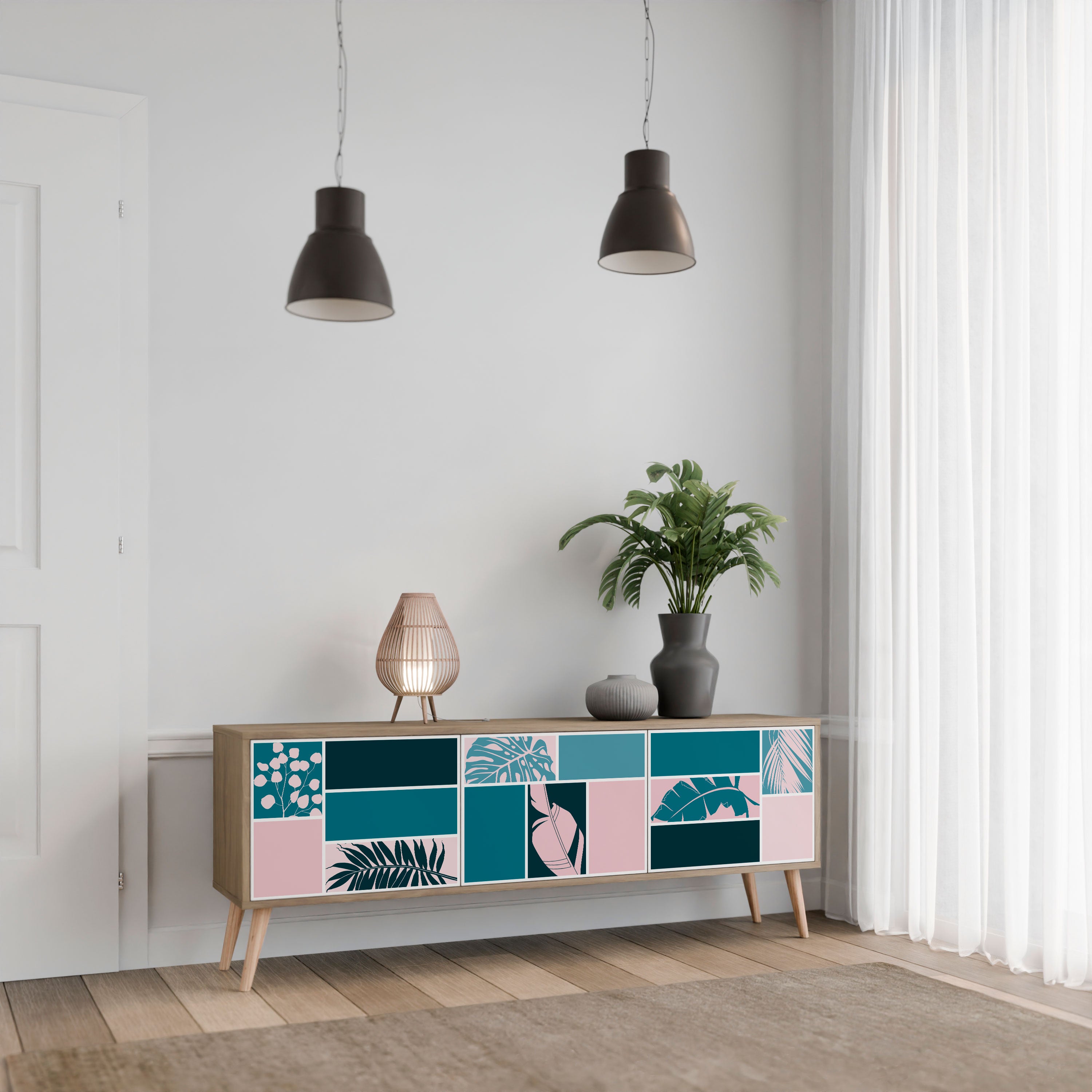 COMBINACIÓN DE FORMAS Mueble de TV de 3 puertas efecto roble