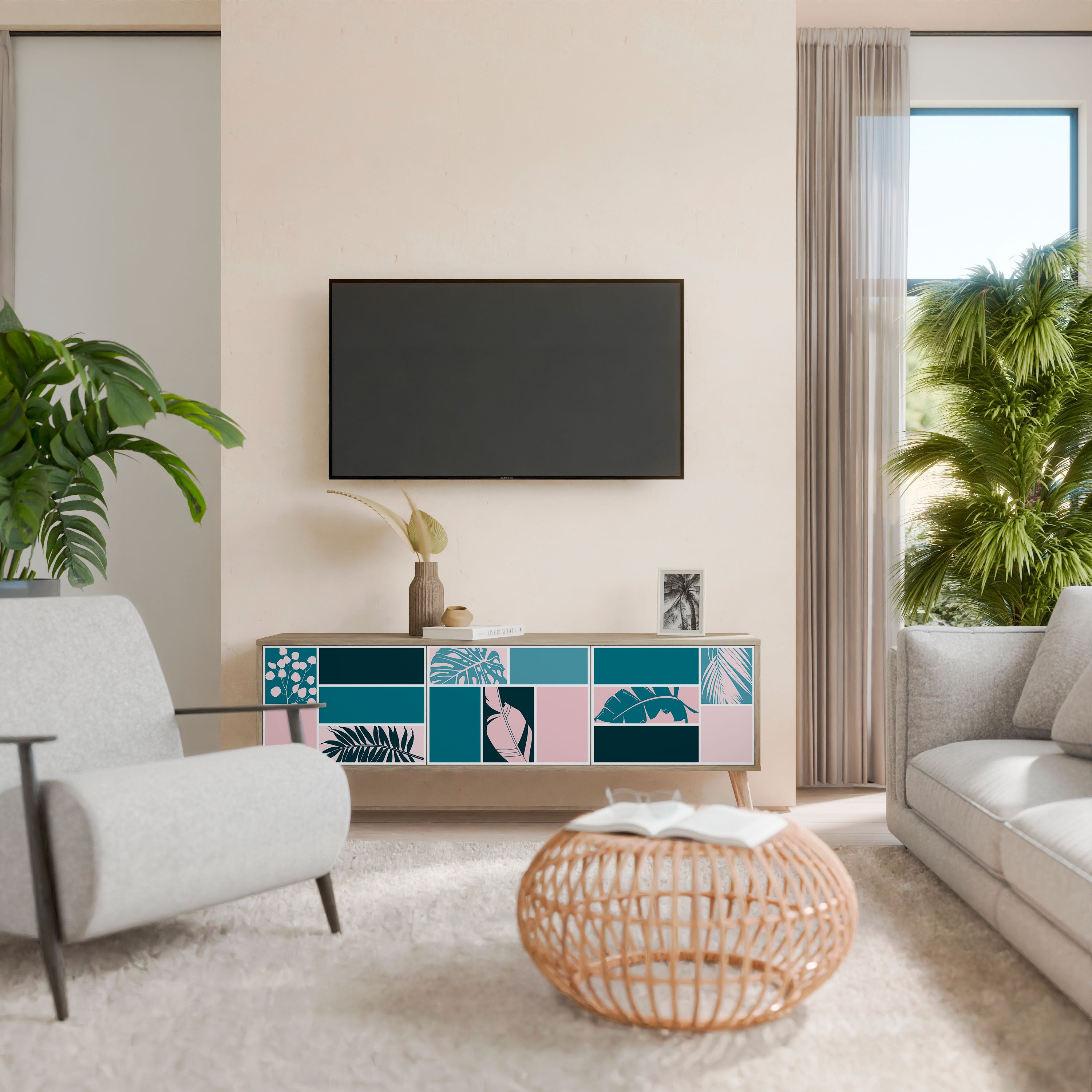 COMBINACIÓN DE FORMAS Mueble de TV de 3 puertas efecto roble