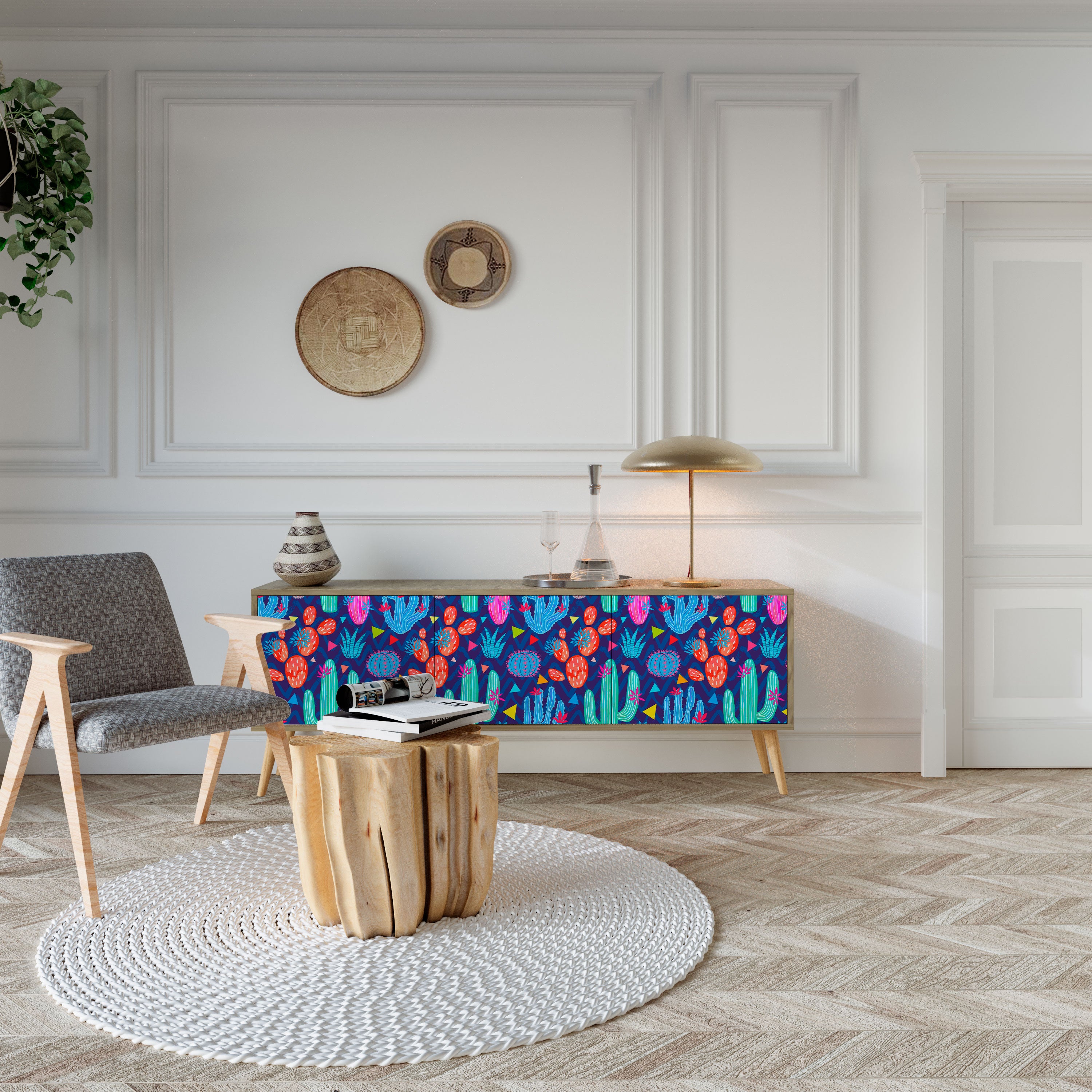 Mueble de TV de 3 puertas CACTUS VIBES con efecto roble