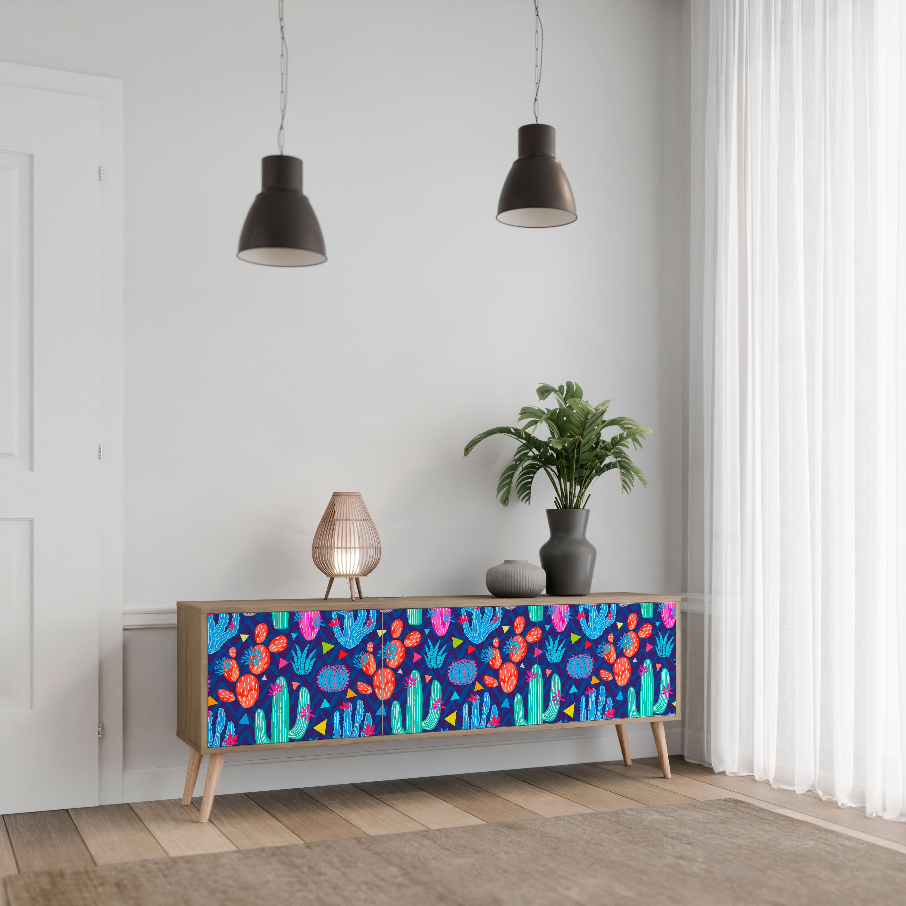 Mueble de TV de 3 puertas CACTUS VIBES con efecto roble