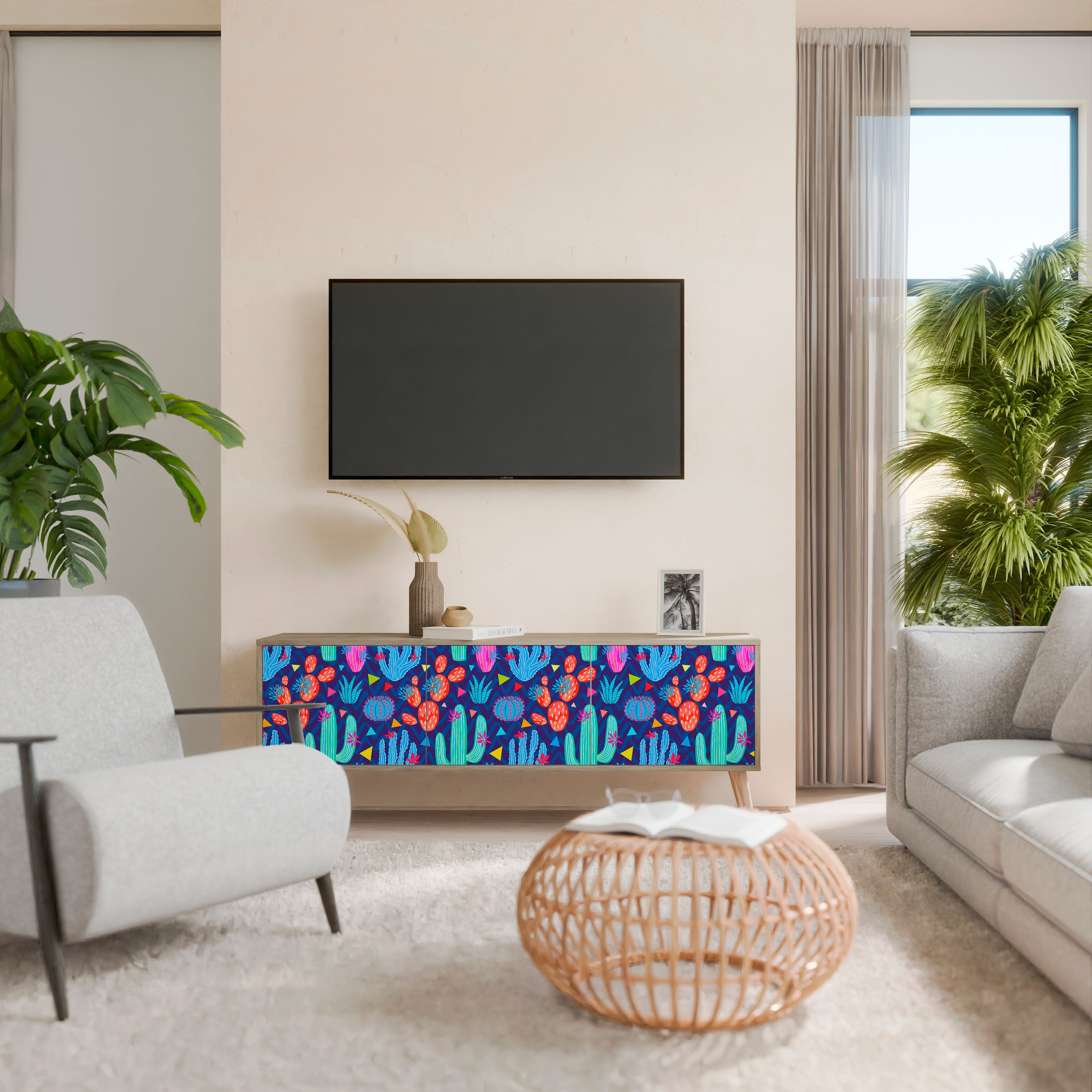 Mueble de TV de 3 puertas CACTUS VIBES con efecto roble