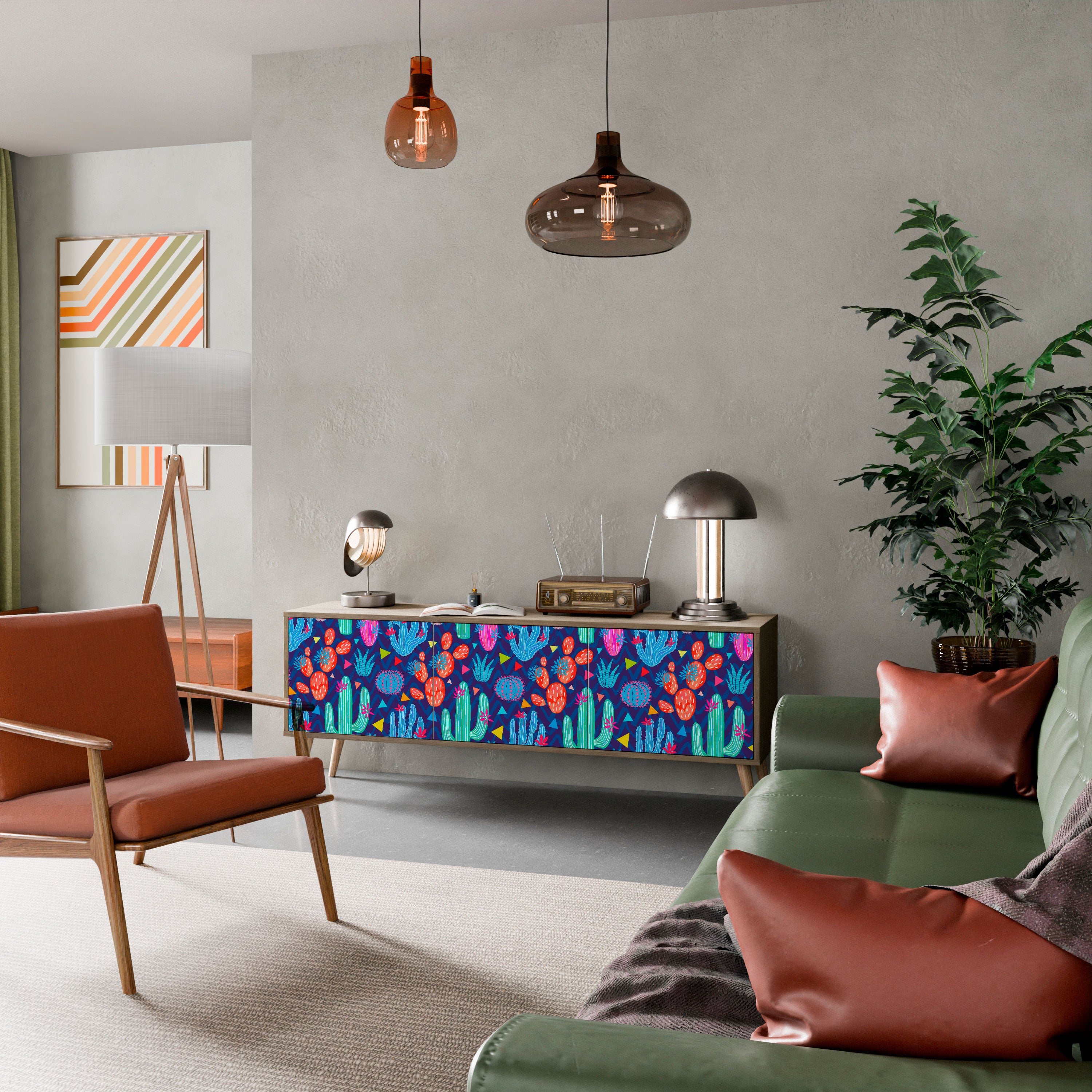 Mueble de TV de 3 puertas CACTUS VIBES con efecto roble