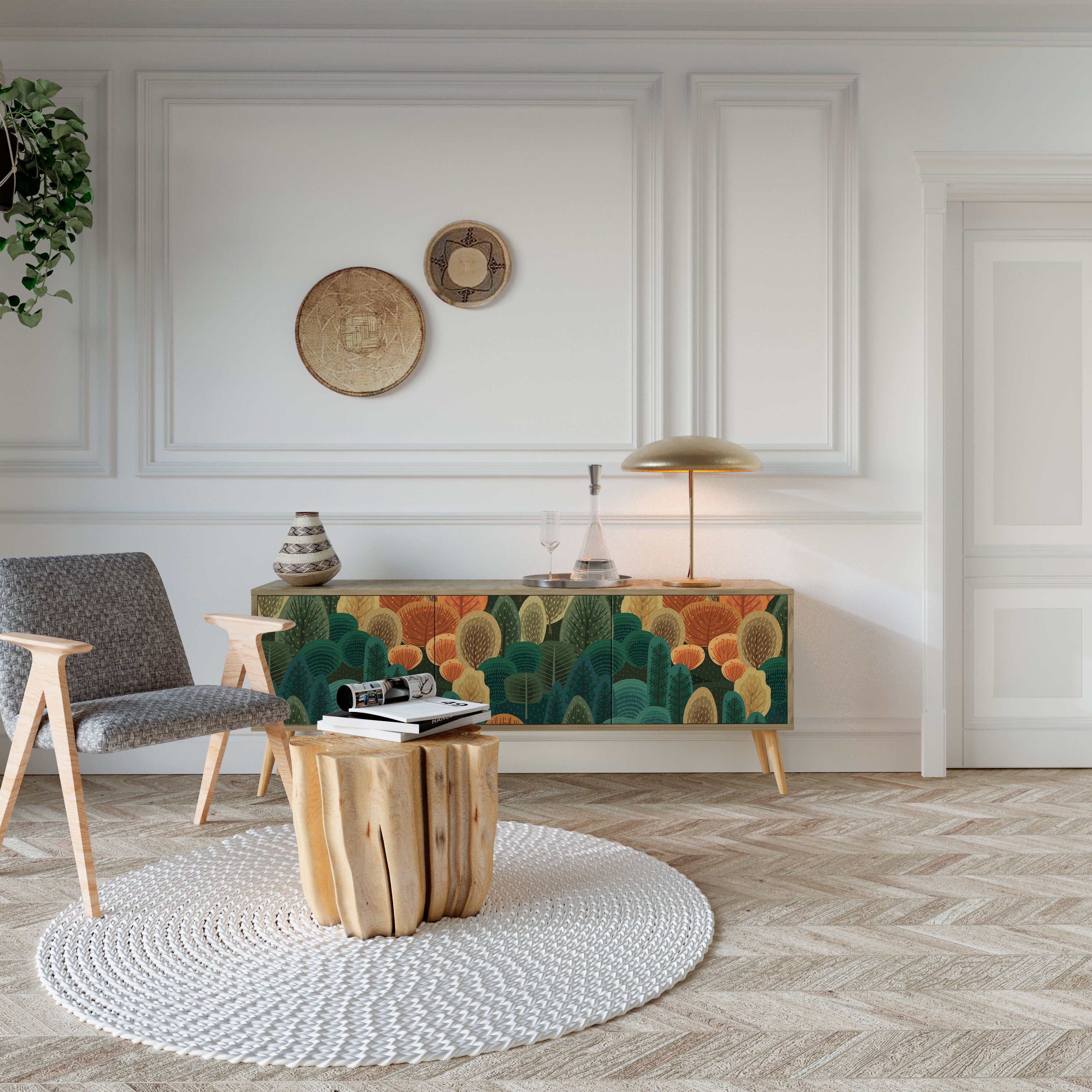 Mueble de TV de 3 puertas AUTUMN KALEIDOSCOPE con efecto roble