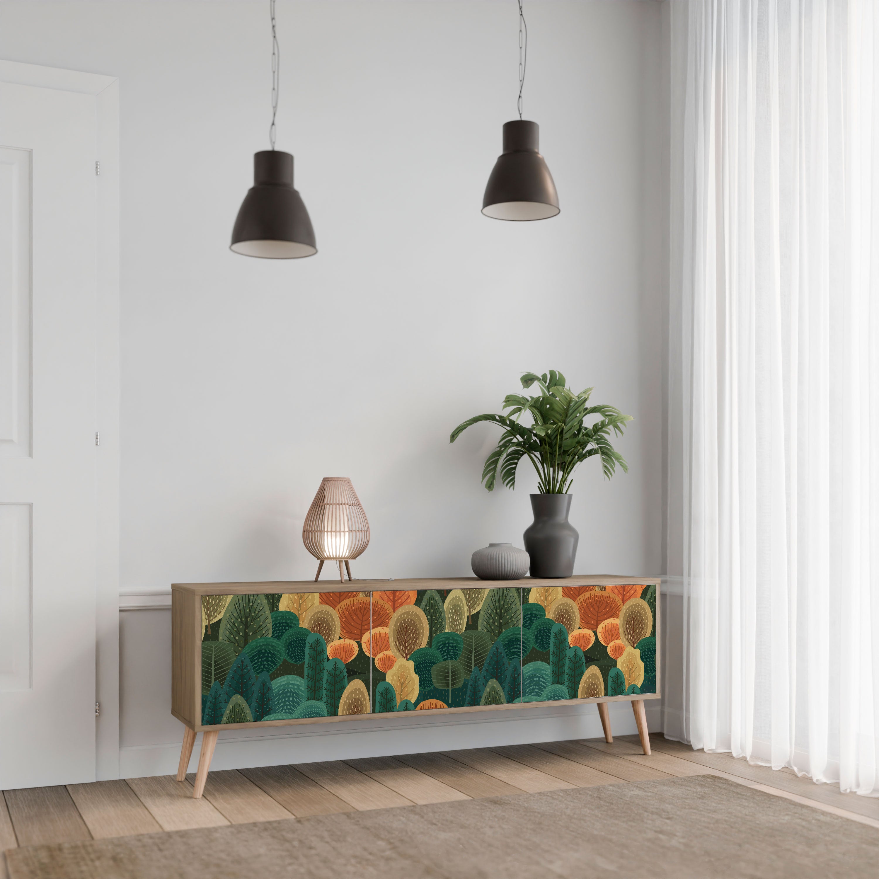 Mueble de TV de 3 puertas AUTUMN KALEIDOSCOPE con efecto roble