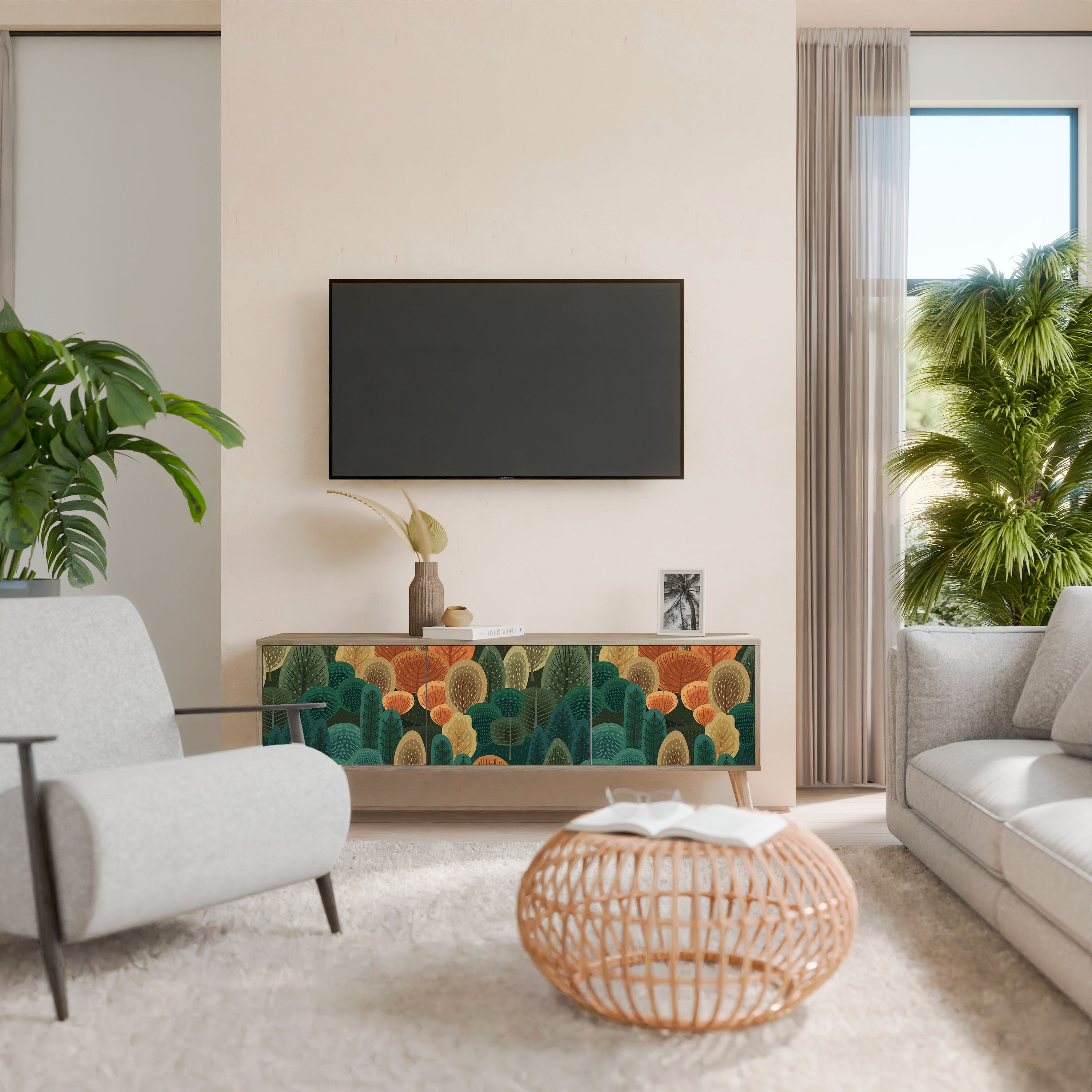 Mueble de TV de 3 puertas AUTUMN KALEIDOSCOPE con efecto roble