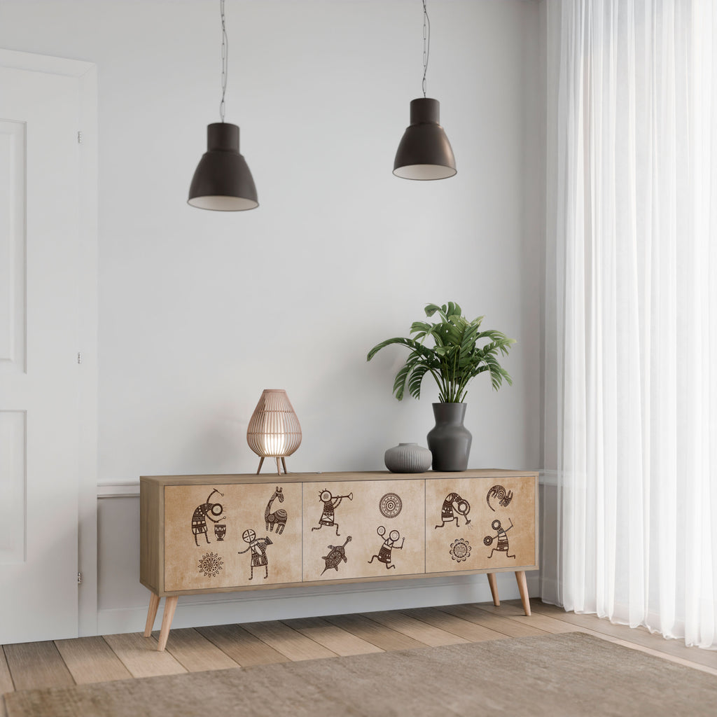 AFRICAN STYLE 3-Door TV Stand in Oak Effect