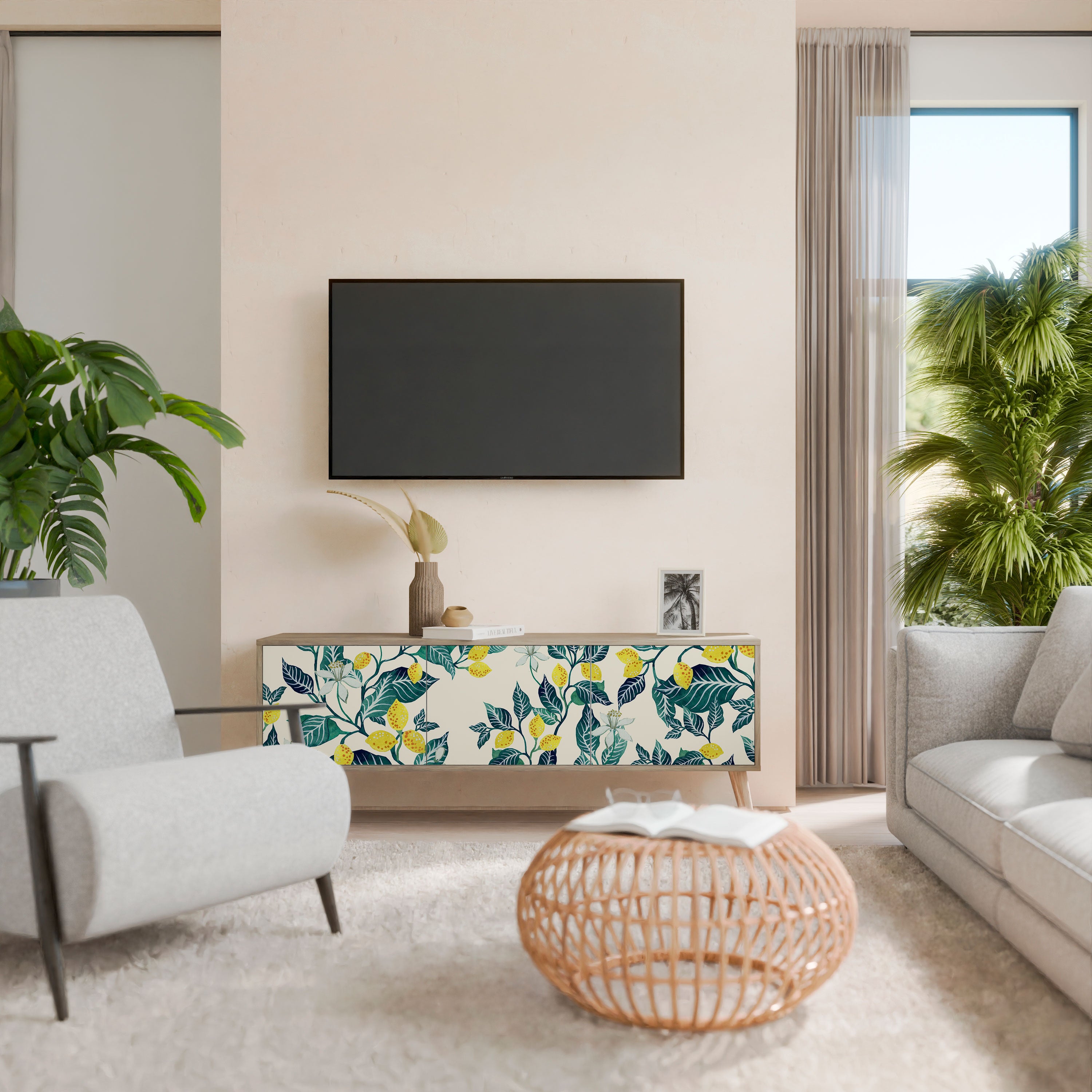 Mueble de TV de 3 puertas LEMON TREE con efecto roble