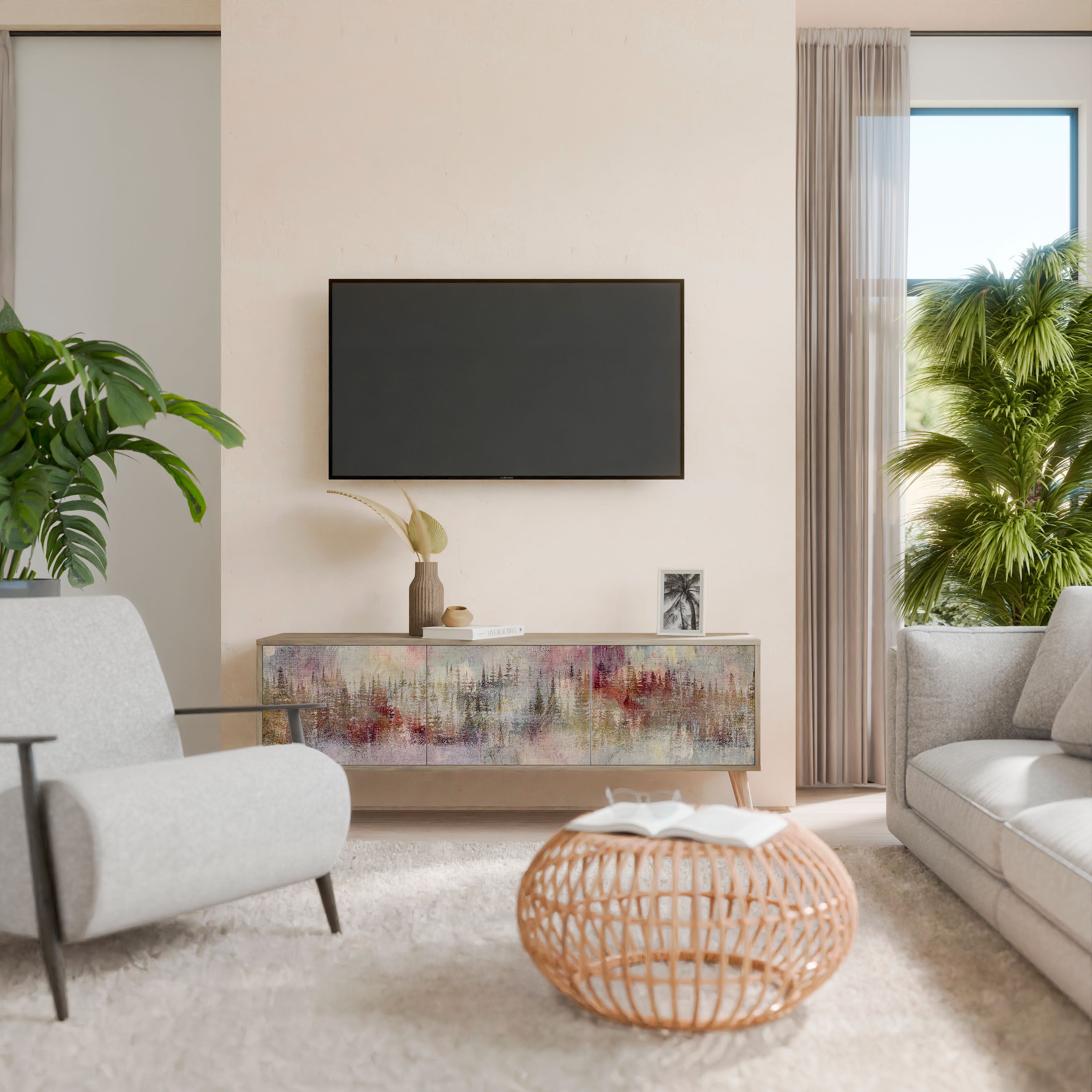 Mueble de TV de 3 puertas VEILED SUMMIT con efecto roble