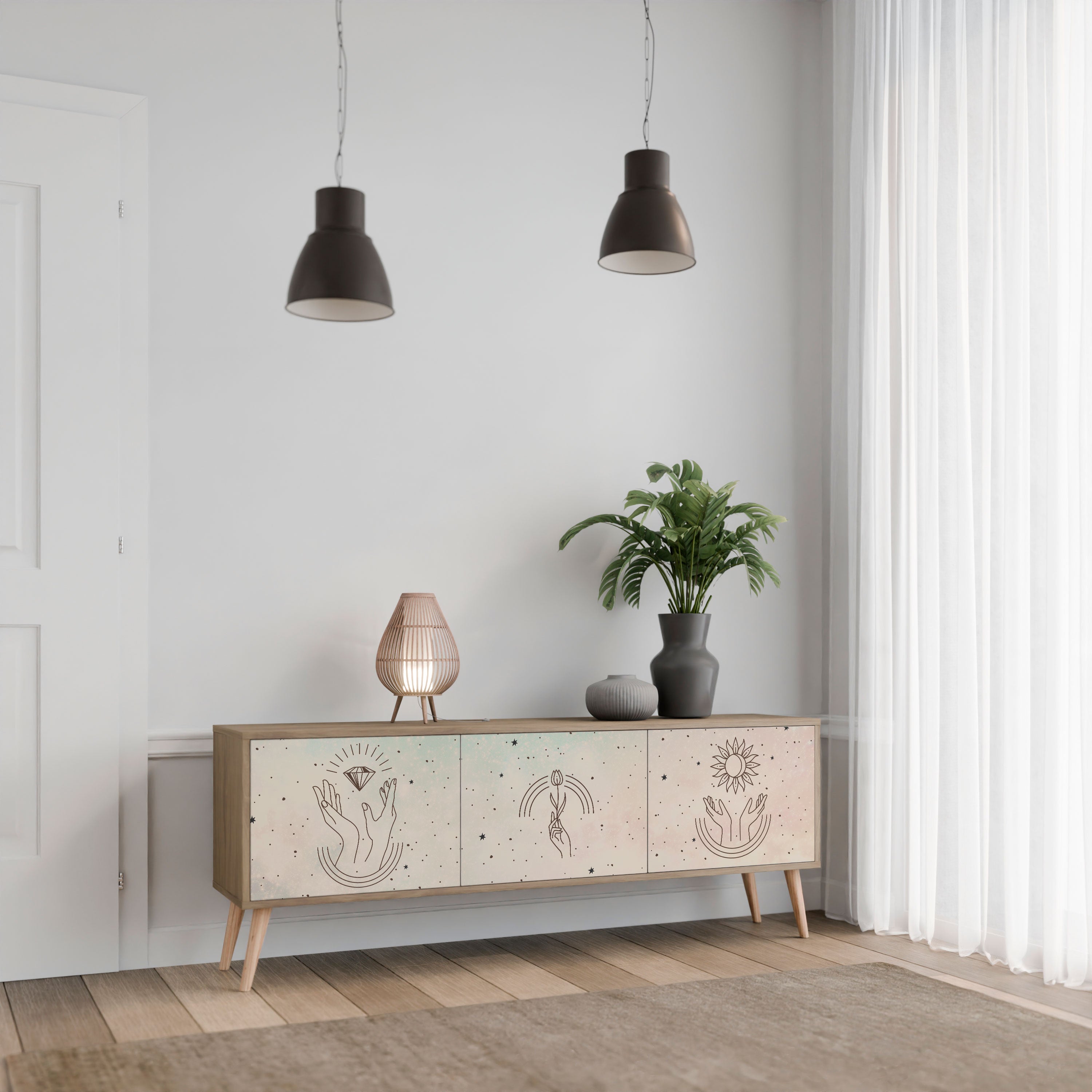 Mueble de TV de 3 puertas DELICATE BEAUTY con efecto roble