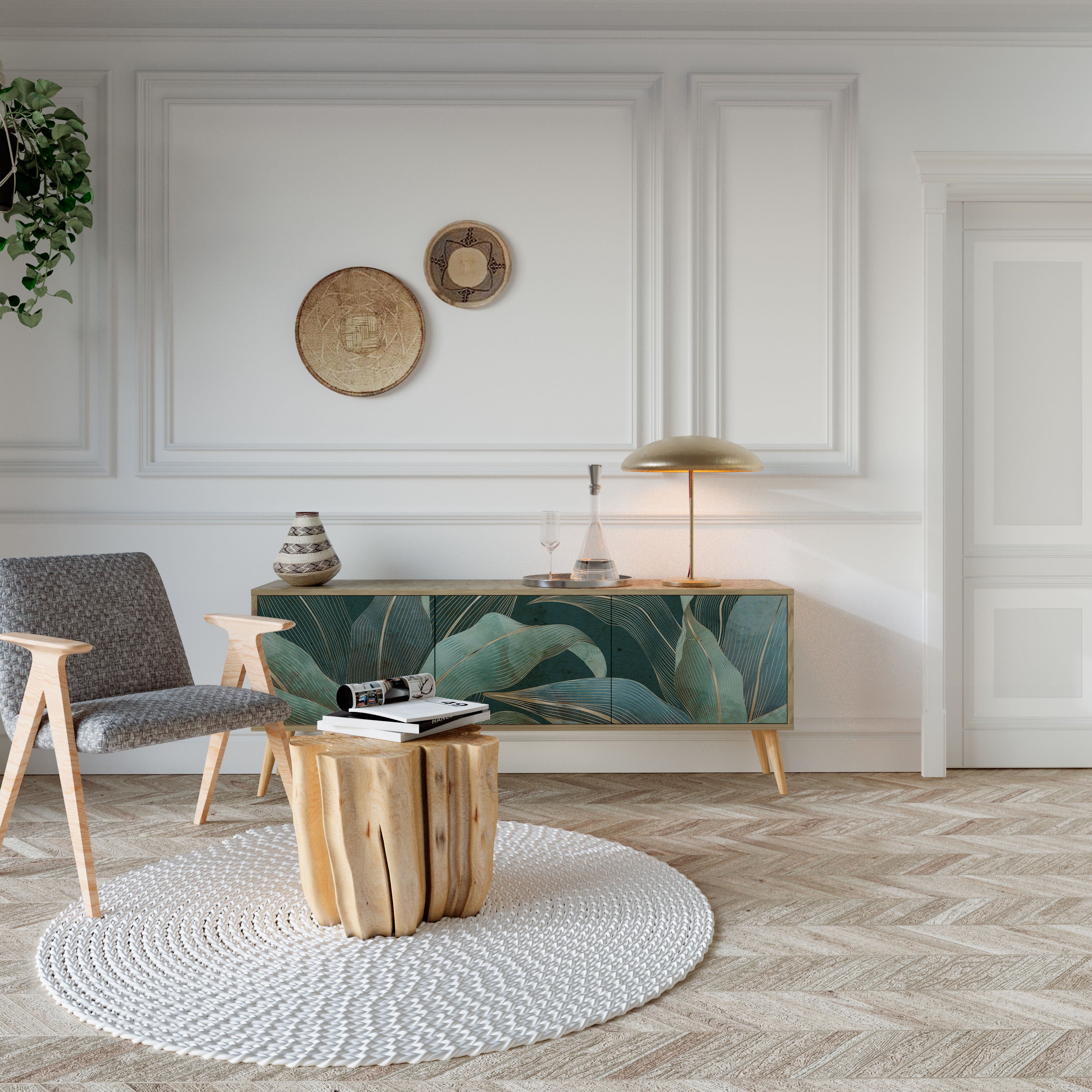 Mueble de TV de 3 puertas ROYAL GREEN con efecto roble