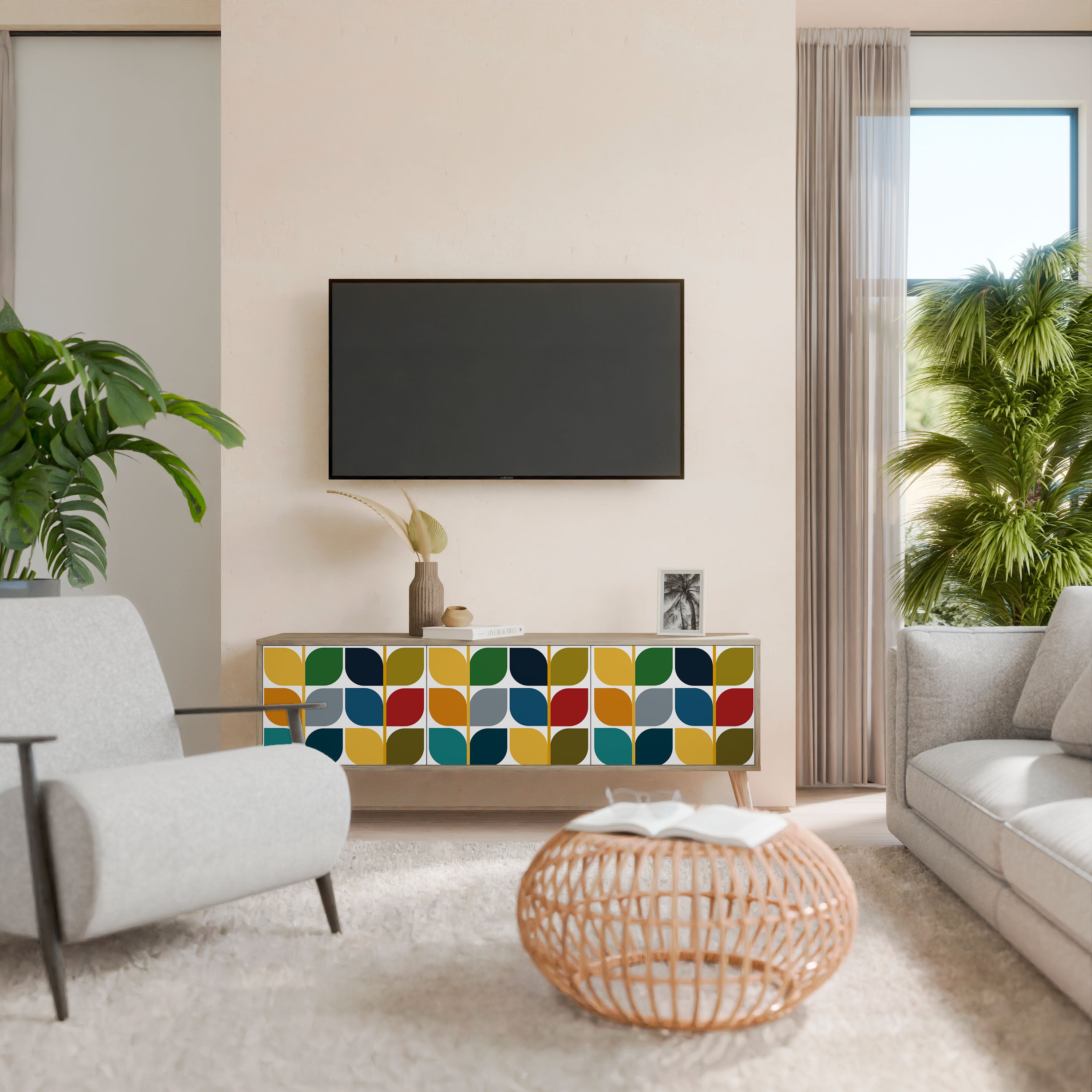 Mueble de TV de 3 puertas WEIGHTLESS HOURS con efecto roble