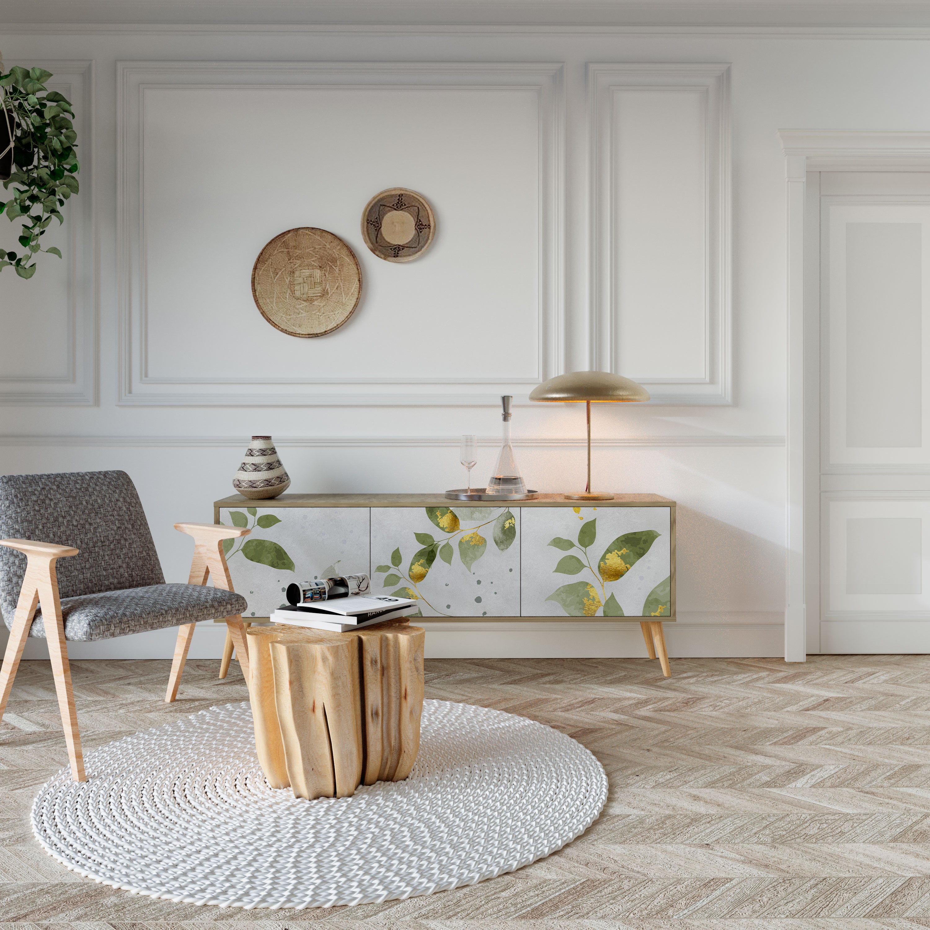 ELEGANT BOTANICS Mueble de TV de 3 puertas con efecto roble