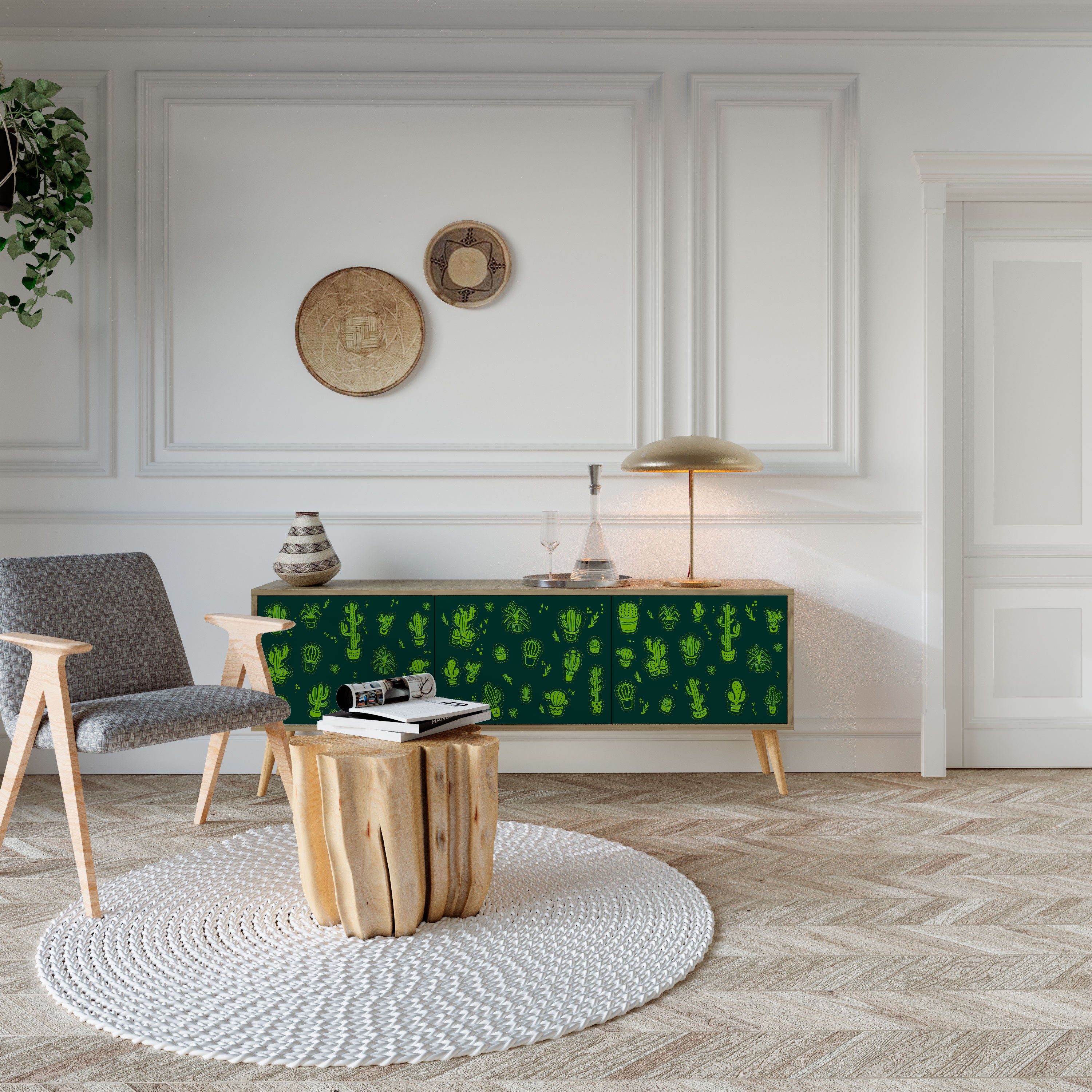 Mueble de TV de 3 puertas DESERT GREEN con efecto roble