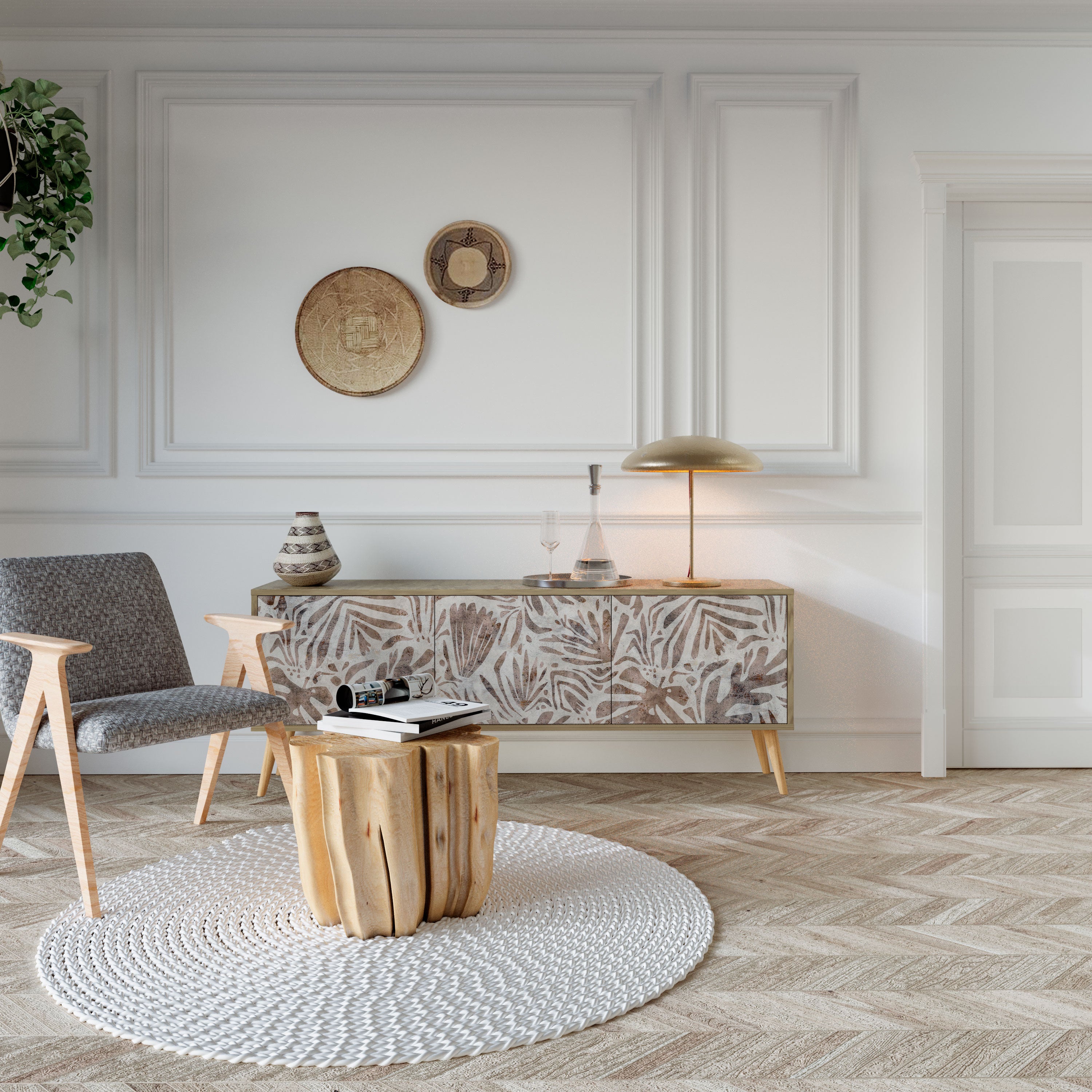 PASSING TIME Mueble de TV de 3 puertas con efecto roble