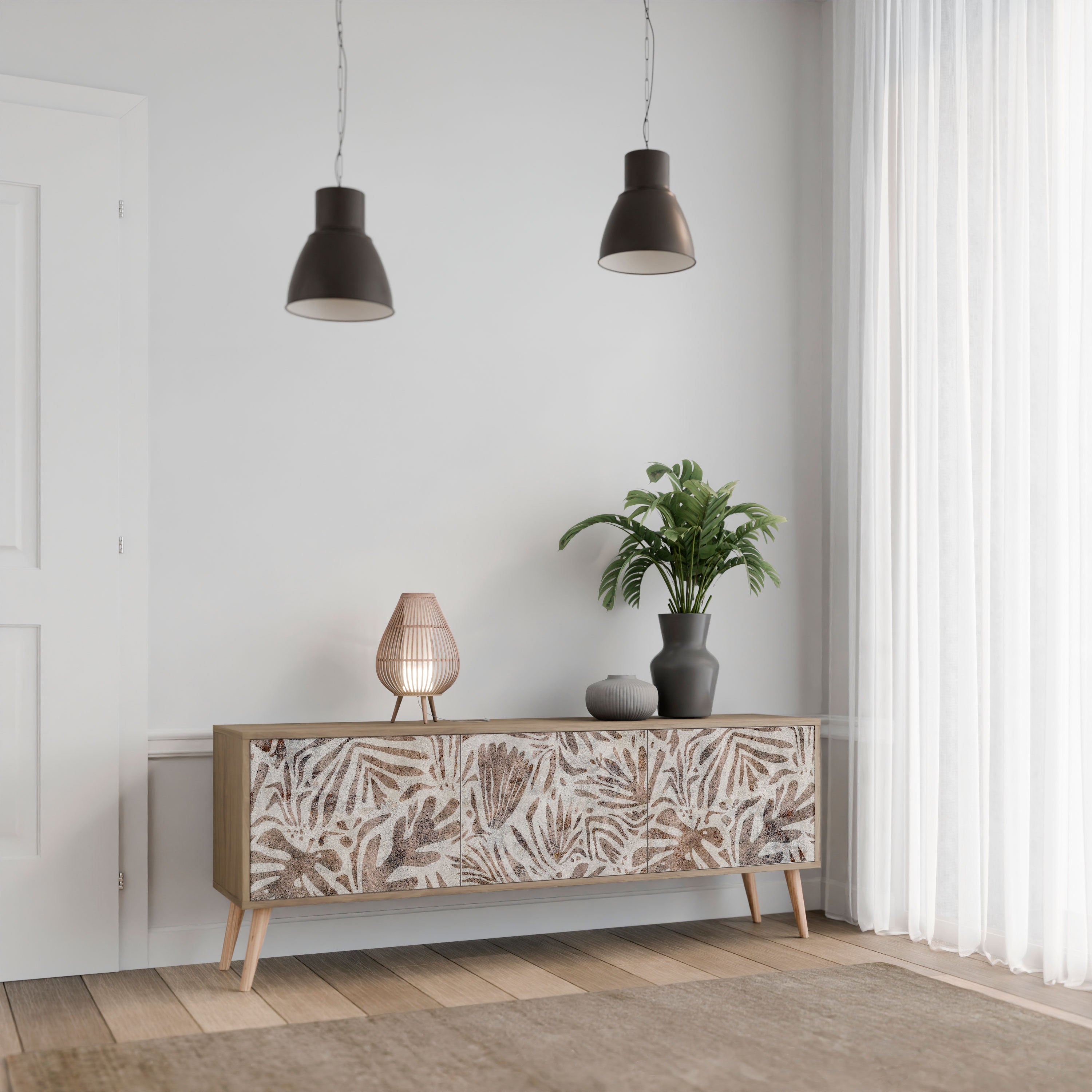 PASSING TIME Mueble de TV de 3 puertas con efecto roble