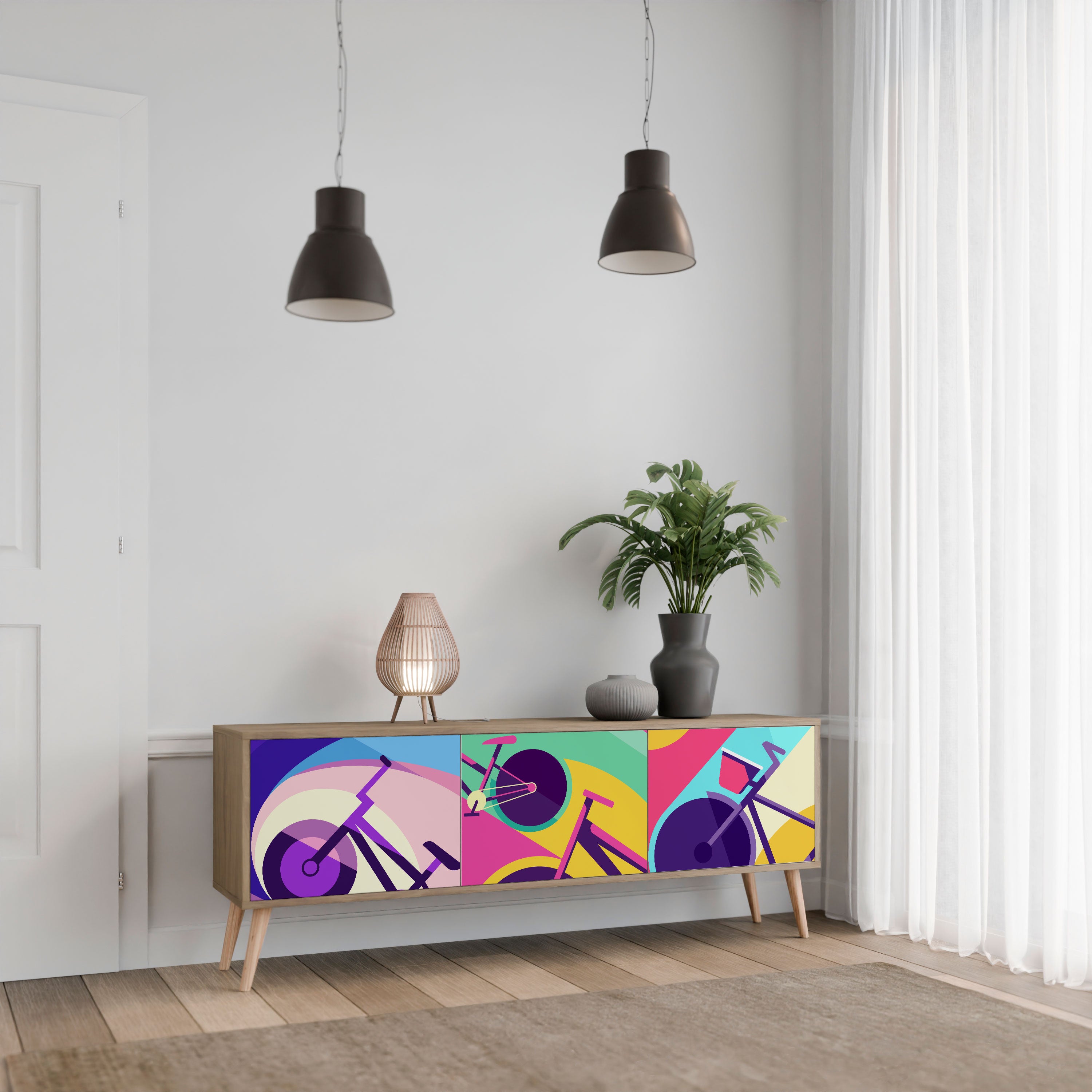Mueble de TV BIKE DREAMS de 3 puertas con efecto roble