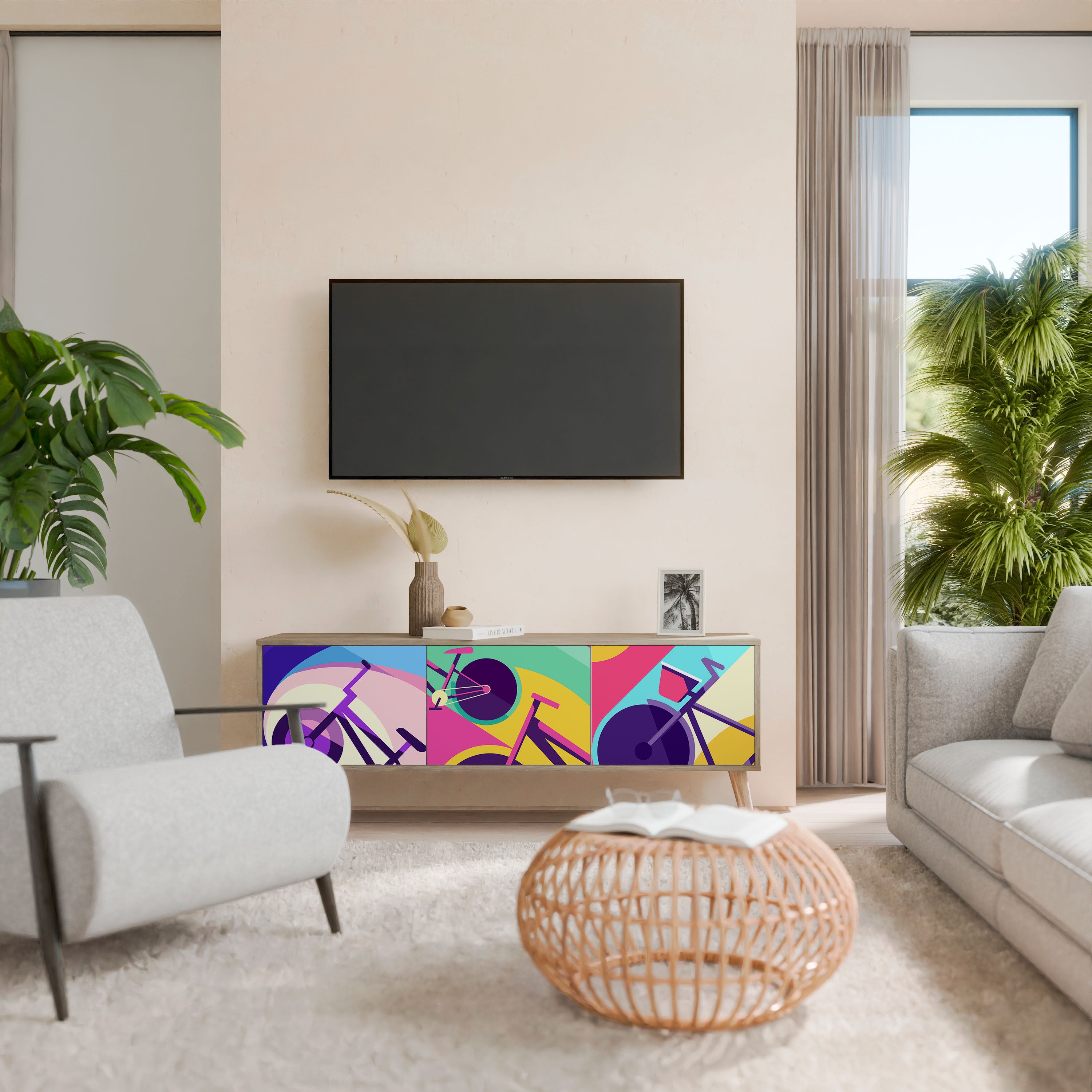 Mueble de TV BIKE DREAMS de 3 puertas con efecto roble
