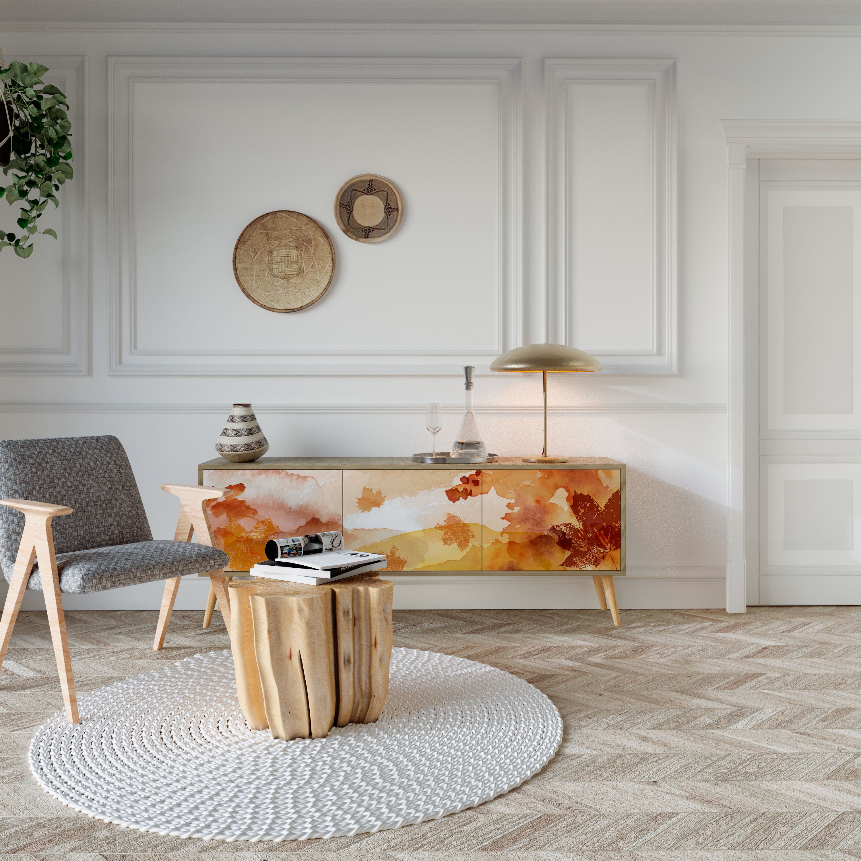 Mueble de TV de 3 puertas TRACES OF AUTUMN con efecto roble